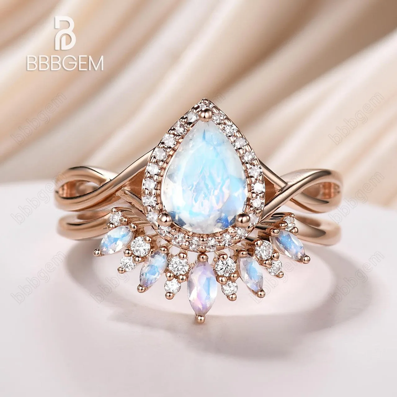 Moonstone Bridal Set Unique Moonstone Band Marquise Pear shaped Bridal set