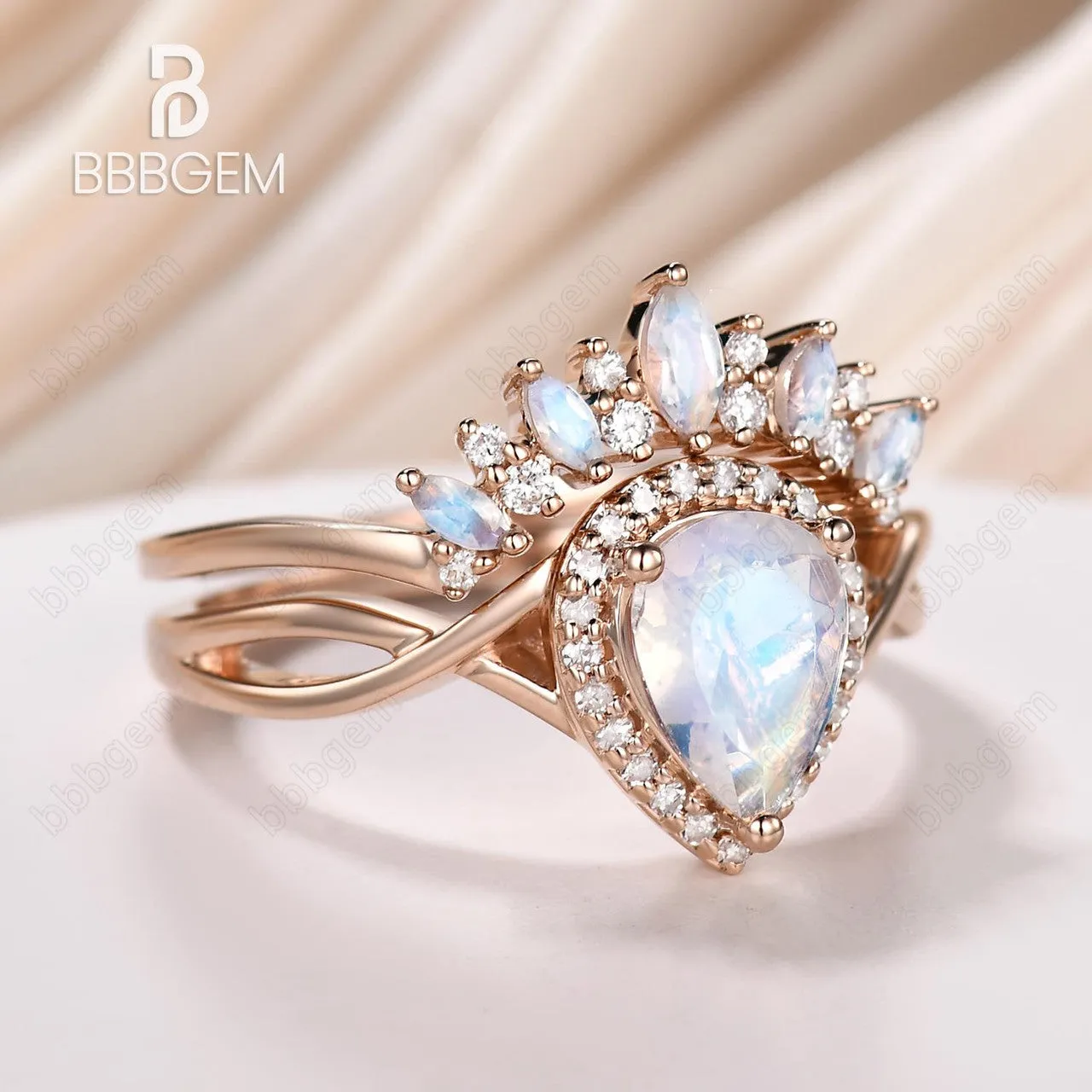 Moonstone Bridal Set Unique Moonstone Band Marquise Pear shaped Bridal set