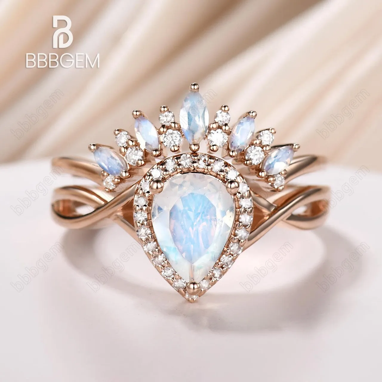 Moonstone Bridal Set Unique Moonstone Band Marquise Pear shaped Bridal set