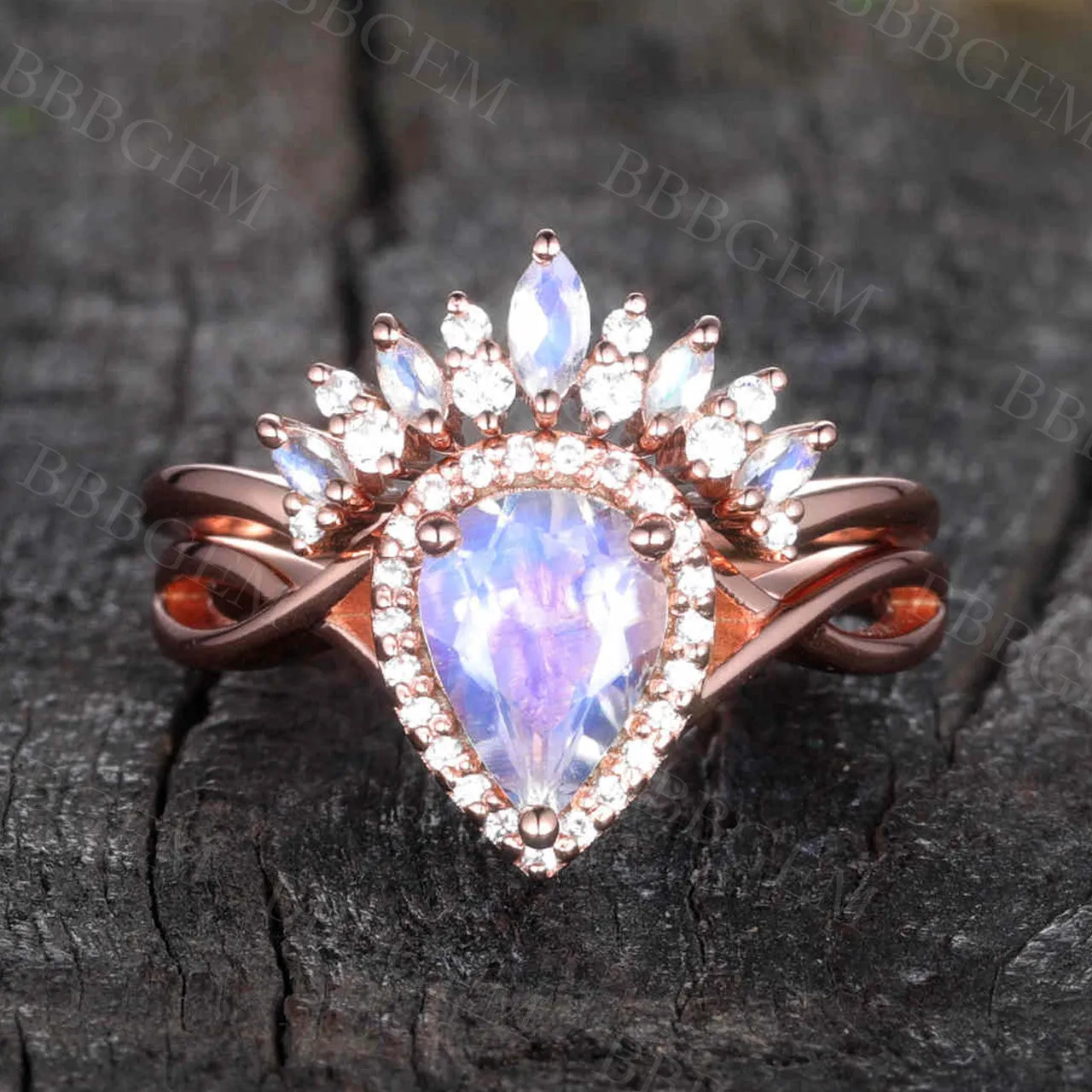 Moonstone Bridal Set Unique Moonstone Band Marquise Pear shaped Bridal set