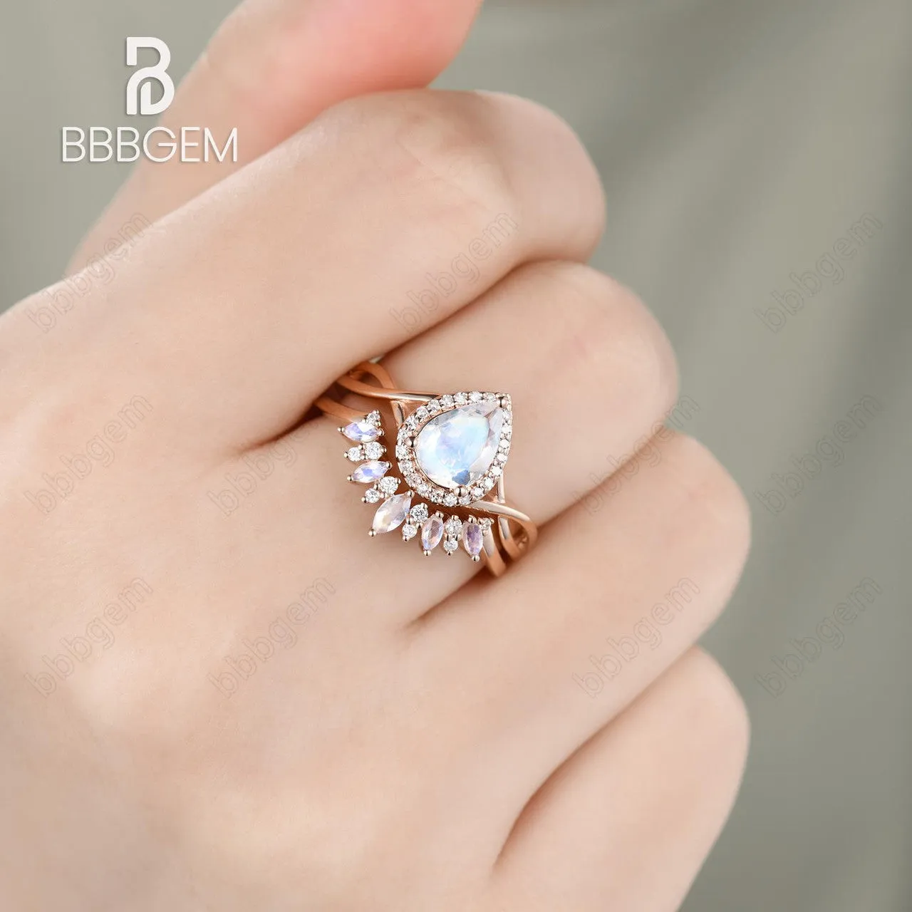 Moonstone Bridal Set Unique Moonstone Band Marquise Pear shaped Bridal set