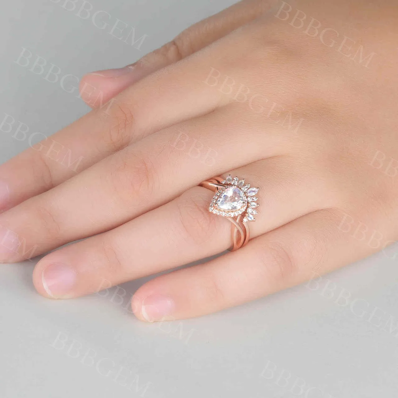 Moonstone Bridal Set Unique Moonstone Band Marquise Pear shaped Bridal set