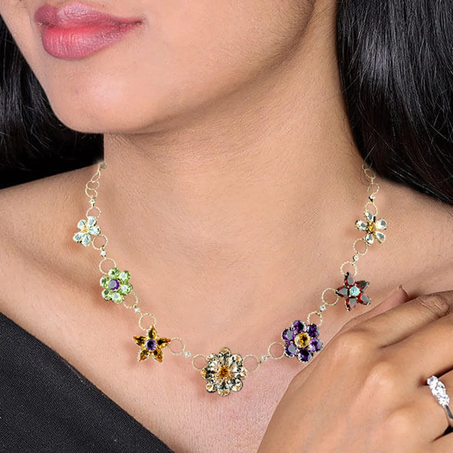 Morganite Citrine Sapphire Multi Gemstone Flower Choker Necklace Made In Gold