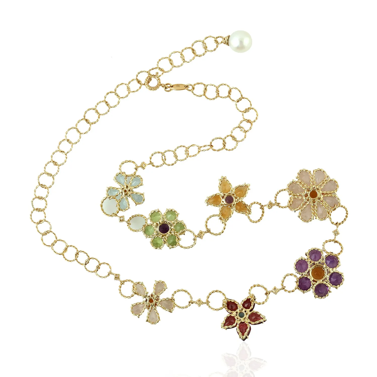 Morganite Citrine Sapphire Multi Gemstone Flower Choker Necklace Made In Gold