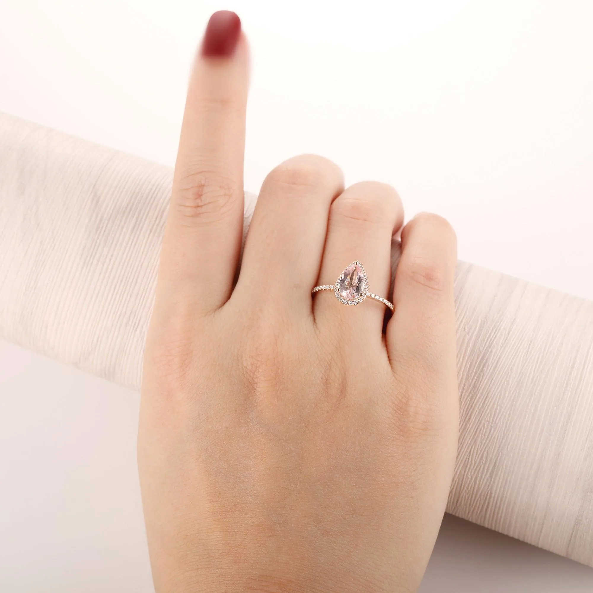 Morganite Engagement Ring 6x9mm Pear Shaped Halo Diamond Wedding Ring