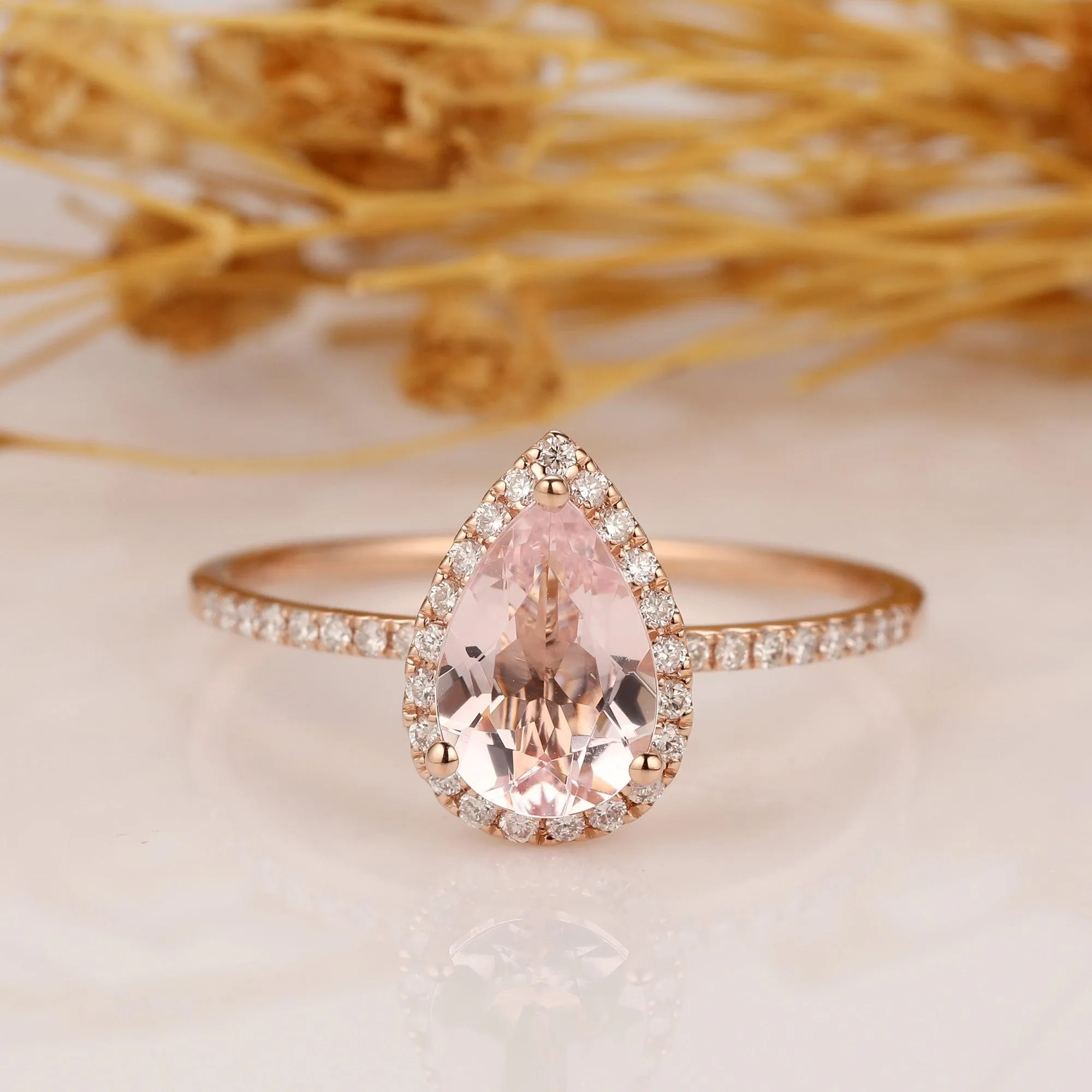 Morganite Engagement Ring 6x9mm Pear Shaped Halo Diamond Wedding Ring