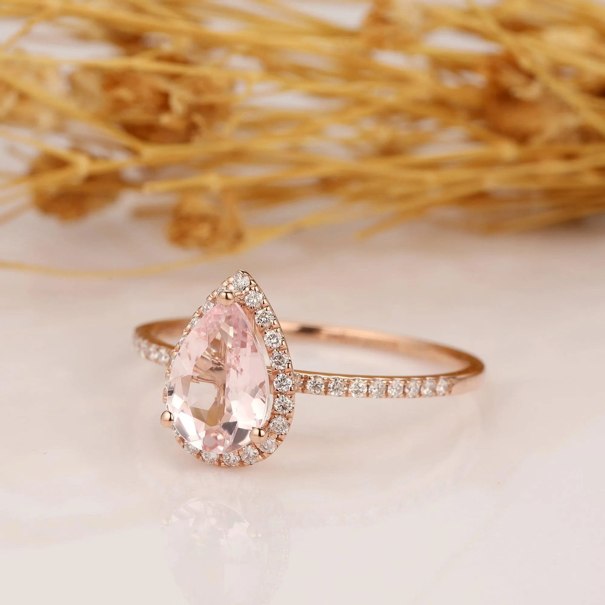 Morganite Engagement Ring 6x9mm Pear Shaped Halo Diamond Wedding Ring