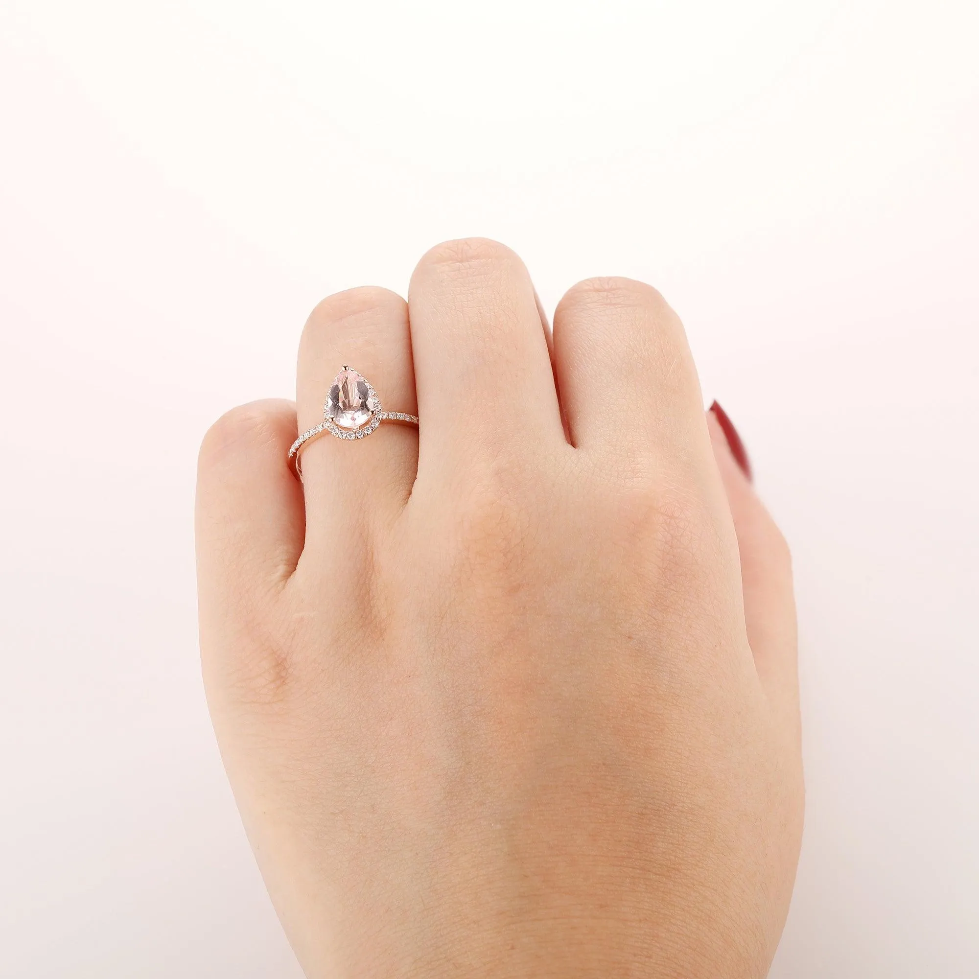 Morganite Engagement Ring 6x9mm Pear Shaped Halo Diamond Wedding Ring
