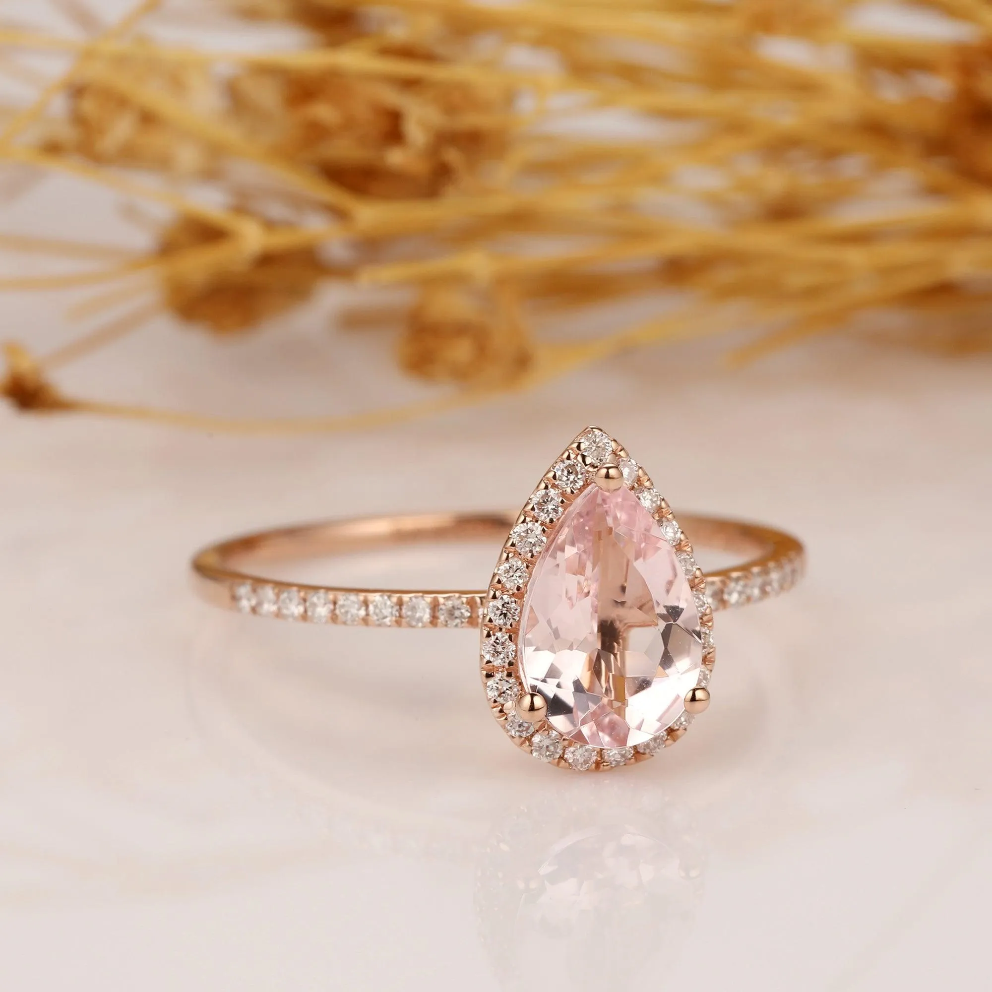 Morganite Engagement Ring 6x9mm Pear Shaped Halo Diamond Wedding Ring