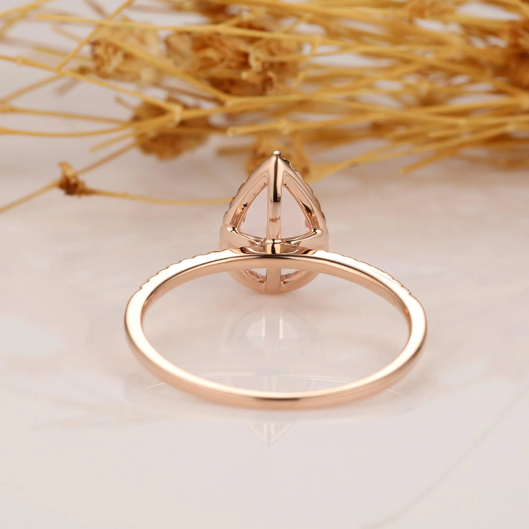 Morganite Engagement Ring 6x9mm Pear Shaped Halo Diamond Wedding Ring