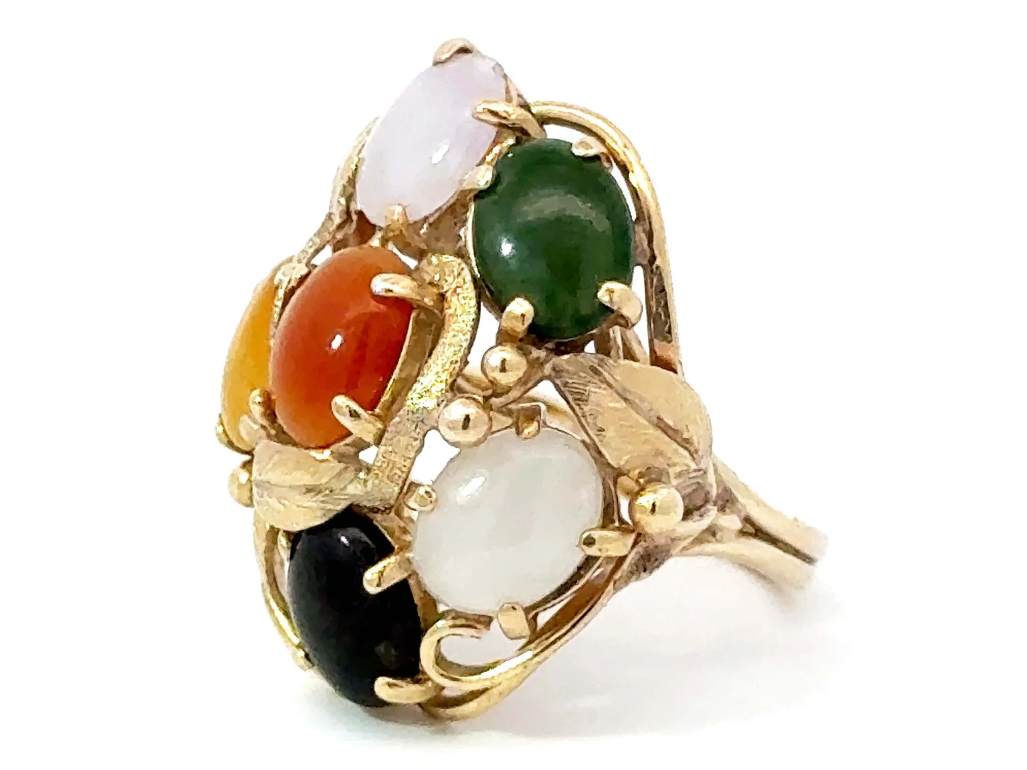 Multi Colored Jade Leaf Ring 14K Yellow Gold