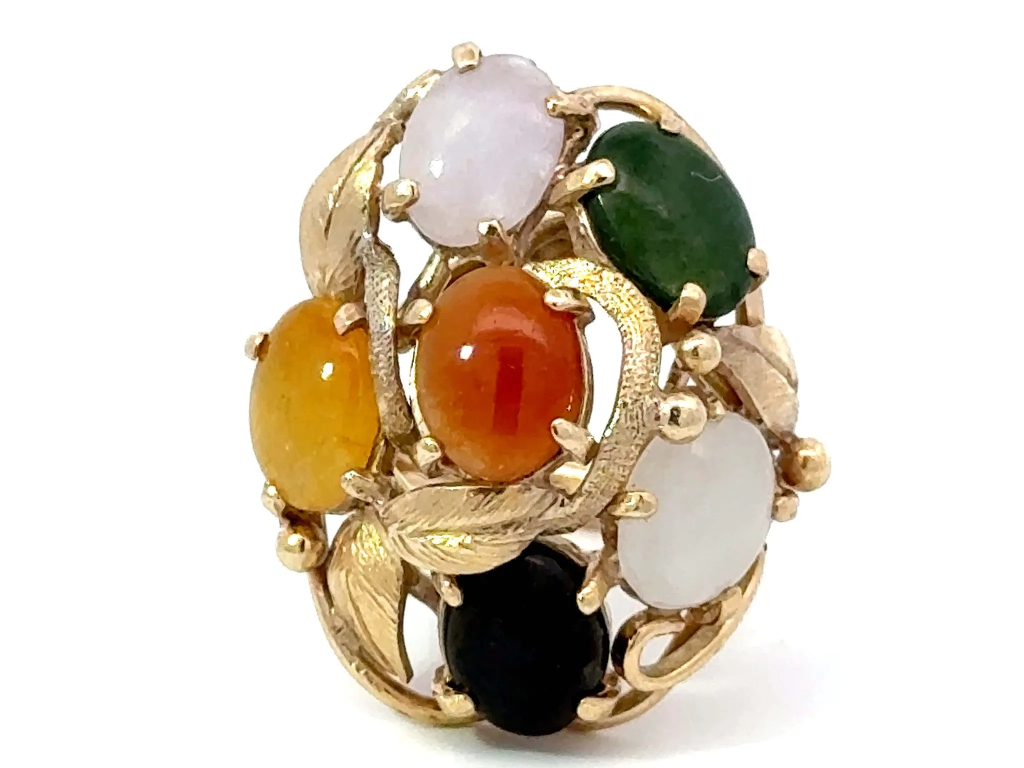 Multi Colored Jade Leaf Ring 14K Yellow Gold