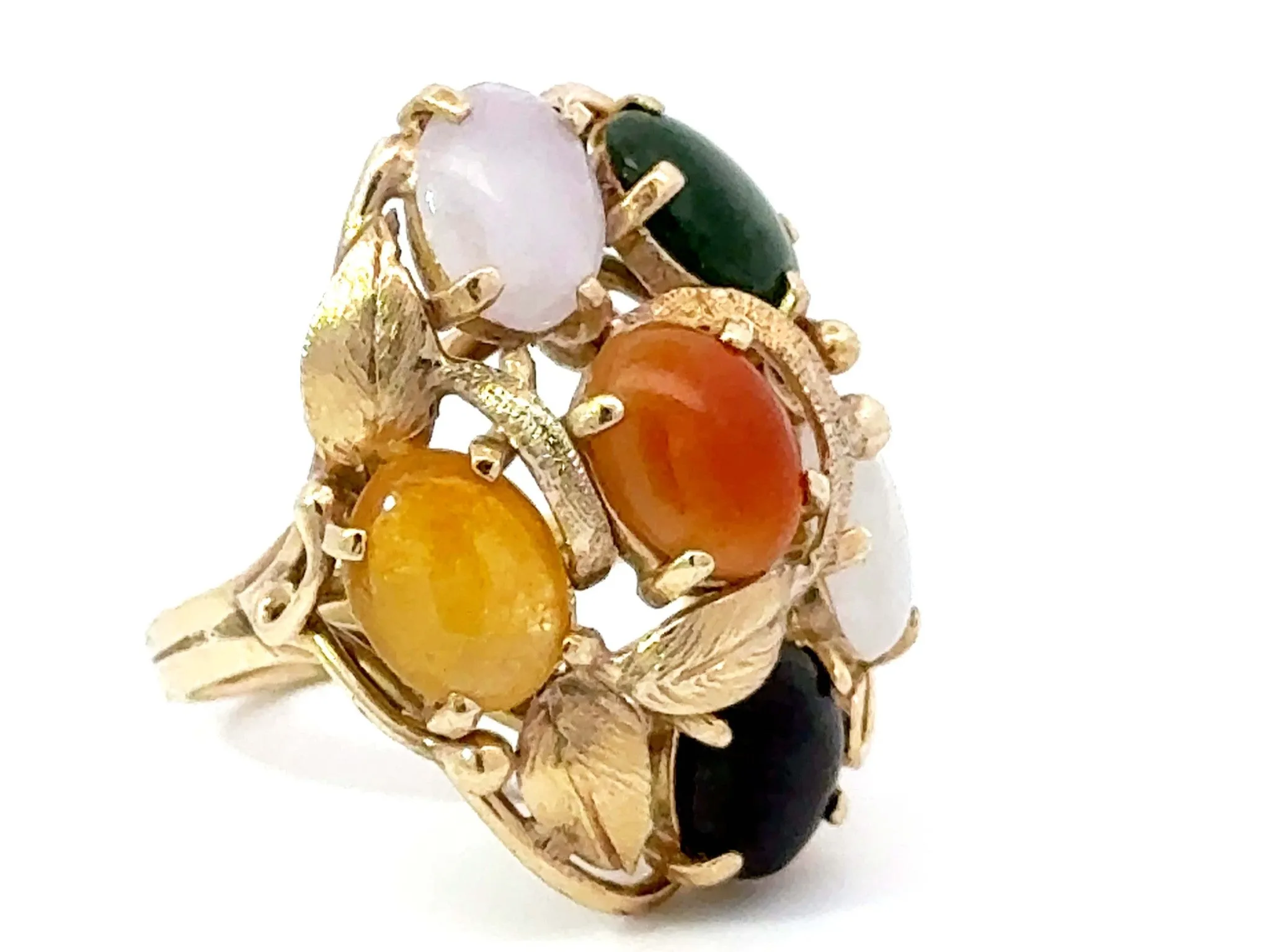 Multi Colored Jade Leaf Ring 14K Yellow Gold