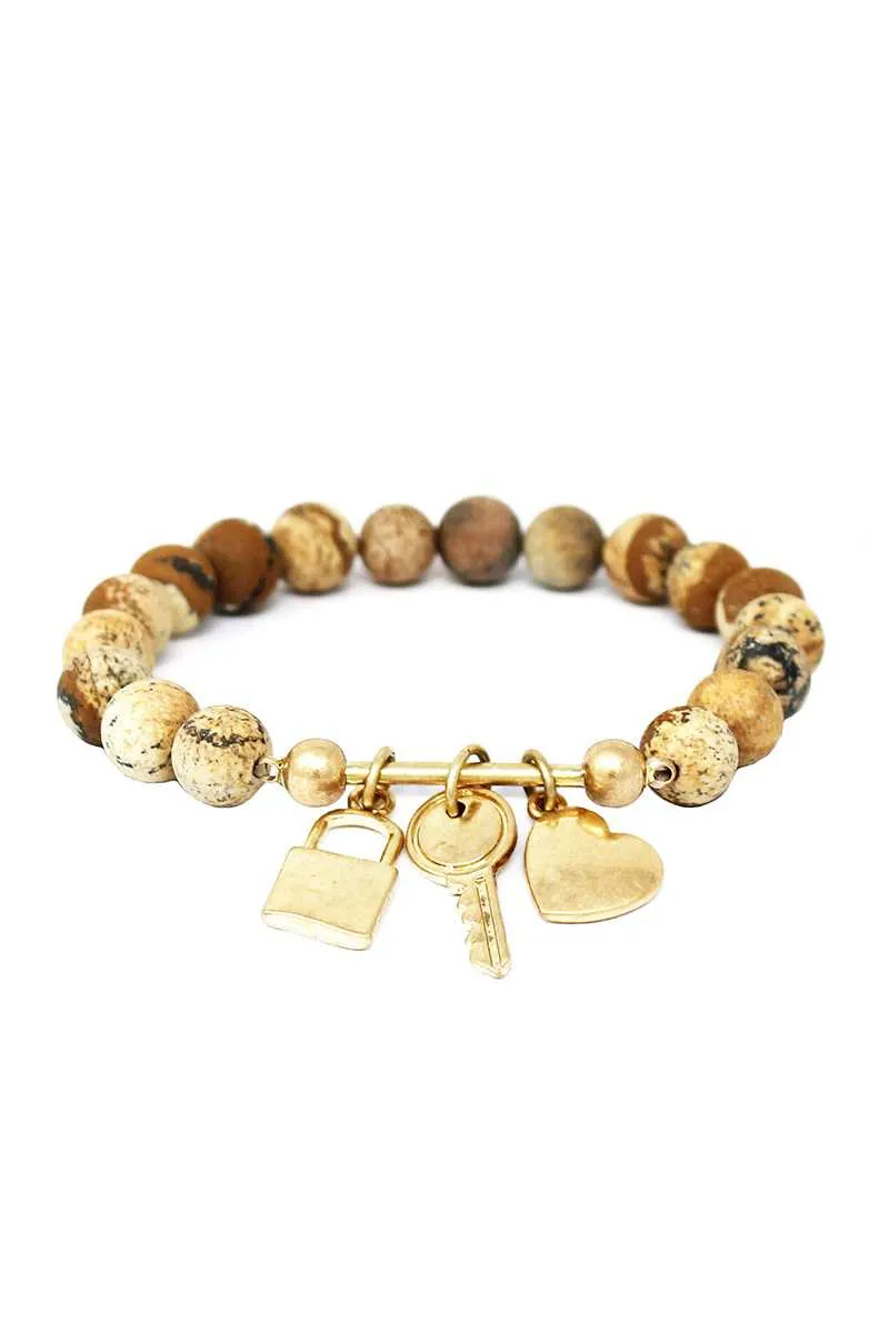 Multi Style Bead Locker And Key Charm Stretch Bracelet