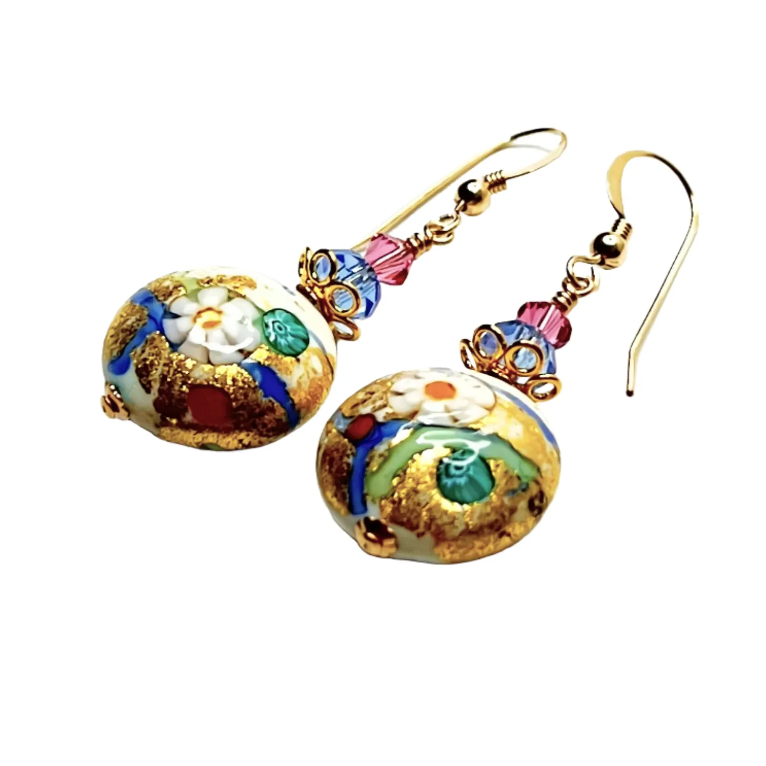 Murano Glass Pastel Millefiori Disc Gold Earrings