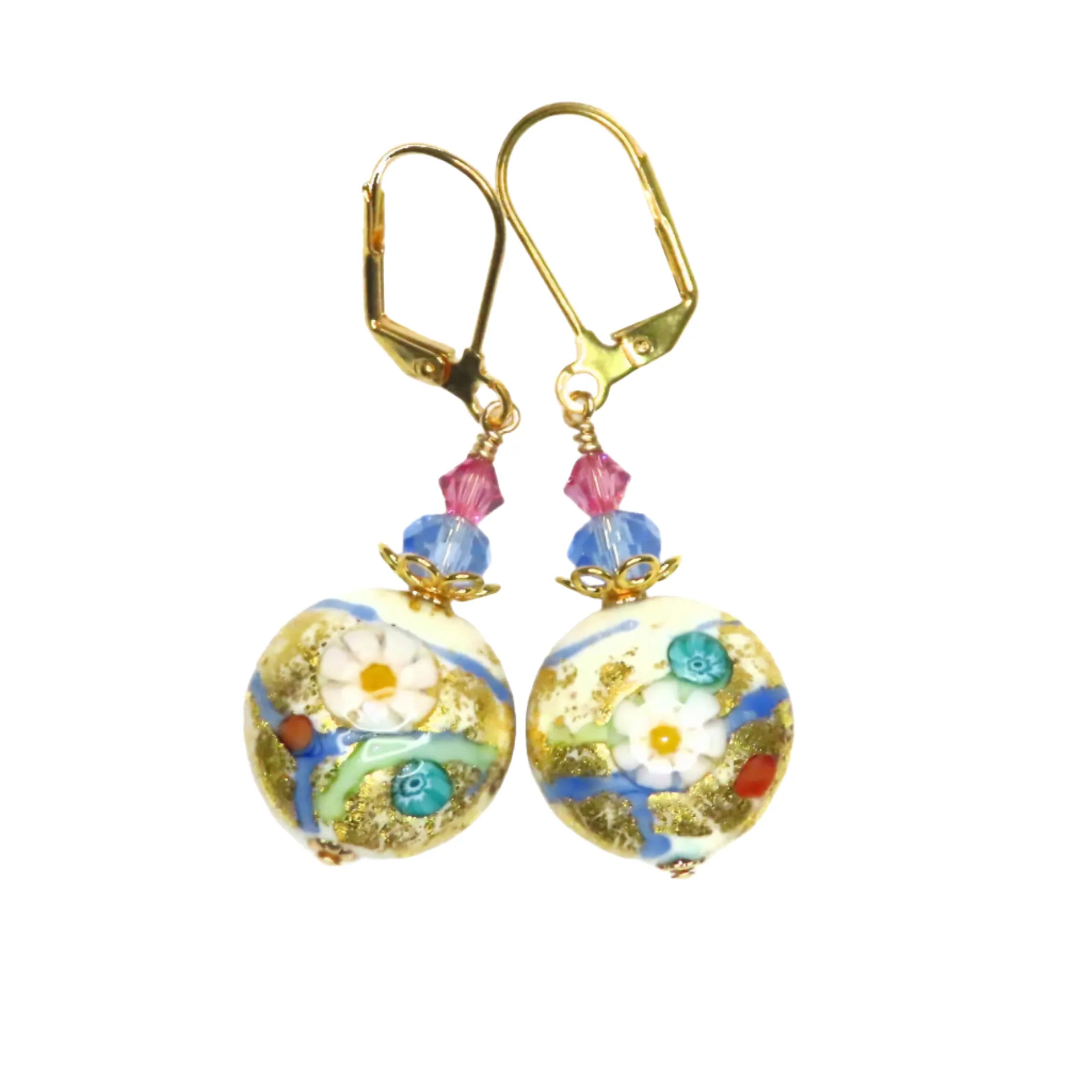 Murano Glass Pastel Millefiori Disc Gold Earrings