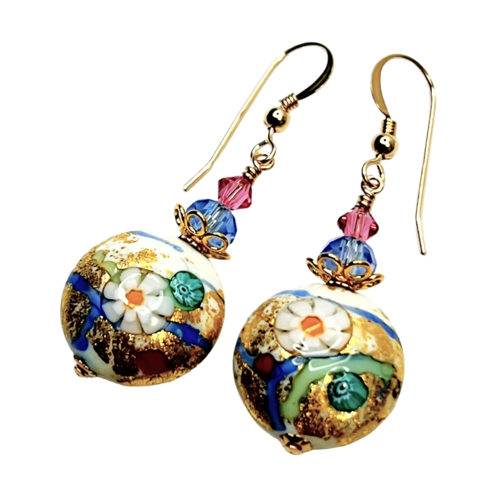 Murano Glass Pastel Millefiori Disc Gold Earrings