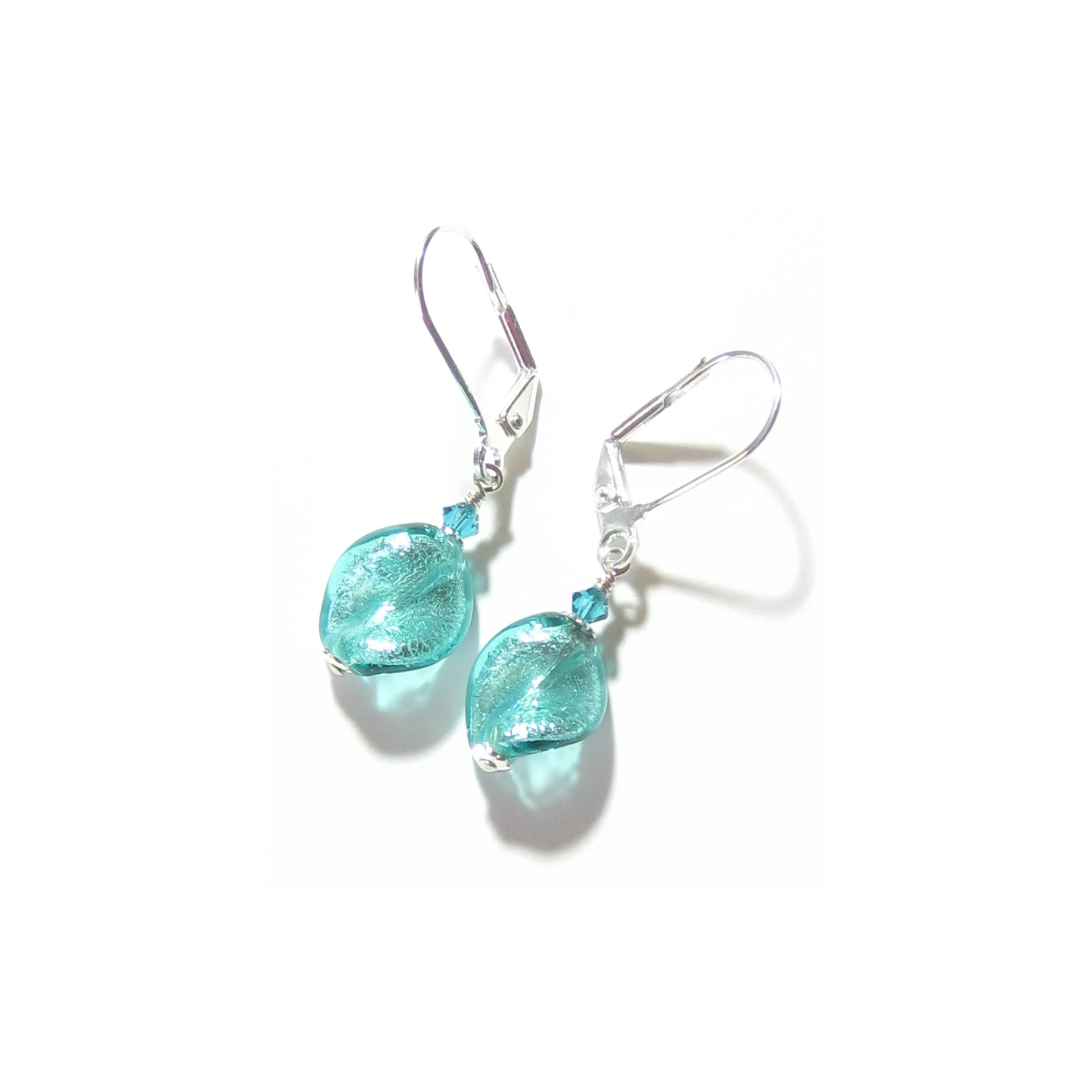 Murano Glass Sea Green Twist Silver Earrings, Leverback Earrings
