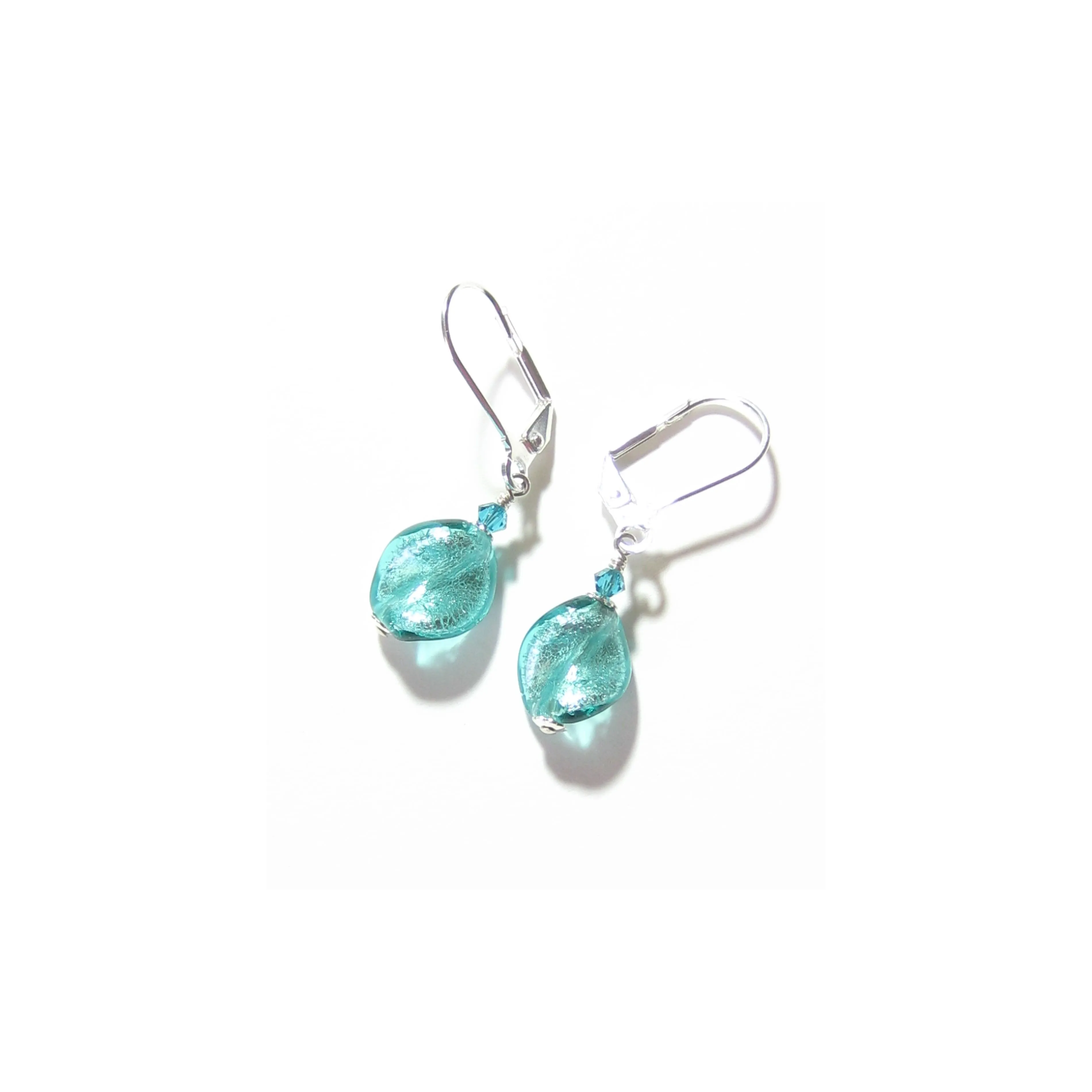 Murano Glass Sea Green Twist Silver Earrings, Leverback Earrings