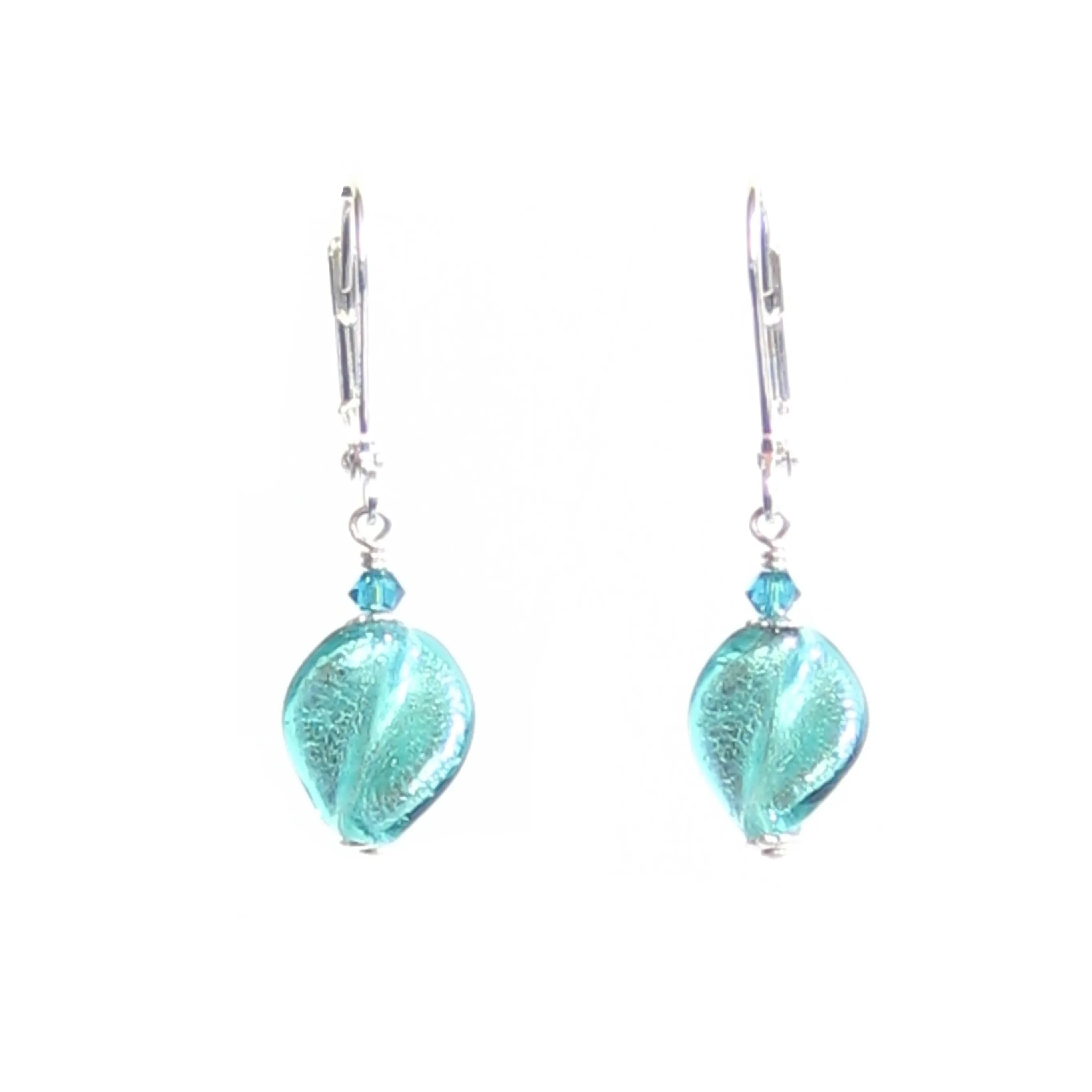 Murano Glass Sea Green Twist Silver Earrings, Leverback Earrings