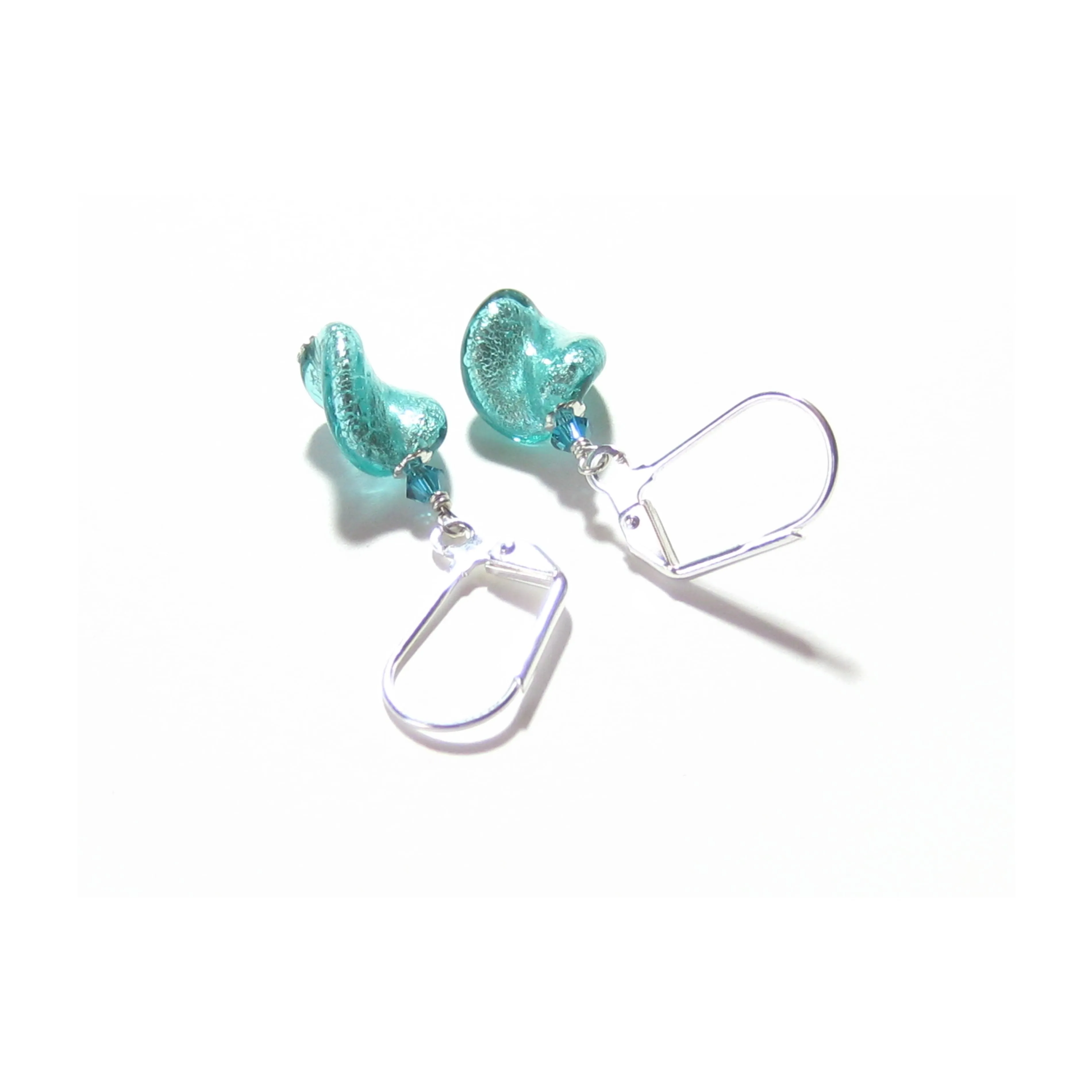 Murano Glass Sea Green Twist Silver Earrings, Leverback Earrings