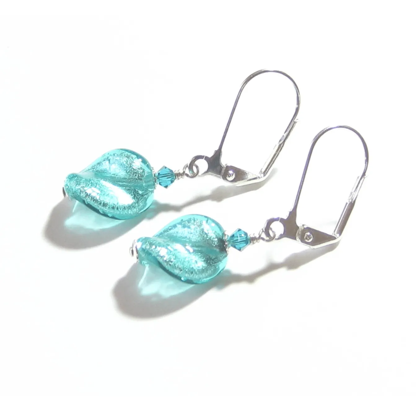 Murano Glass Sea Green Twist Silver Earrings, Leverback Earrings