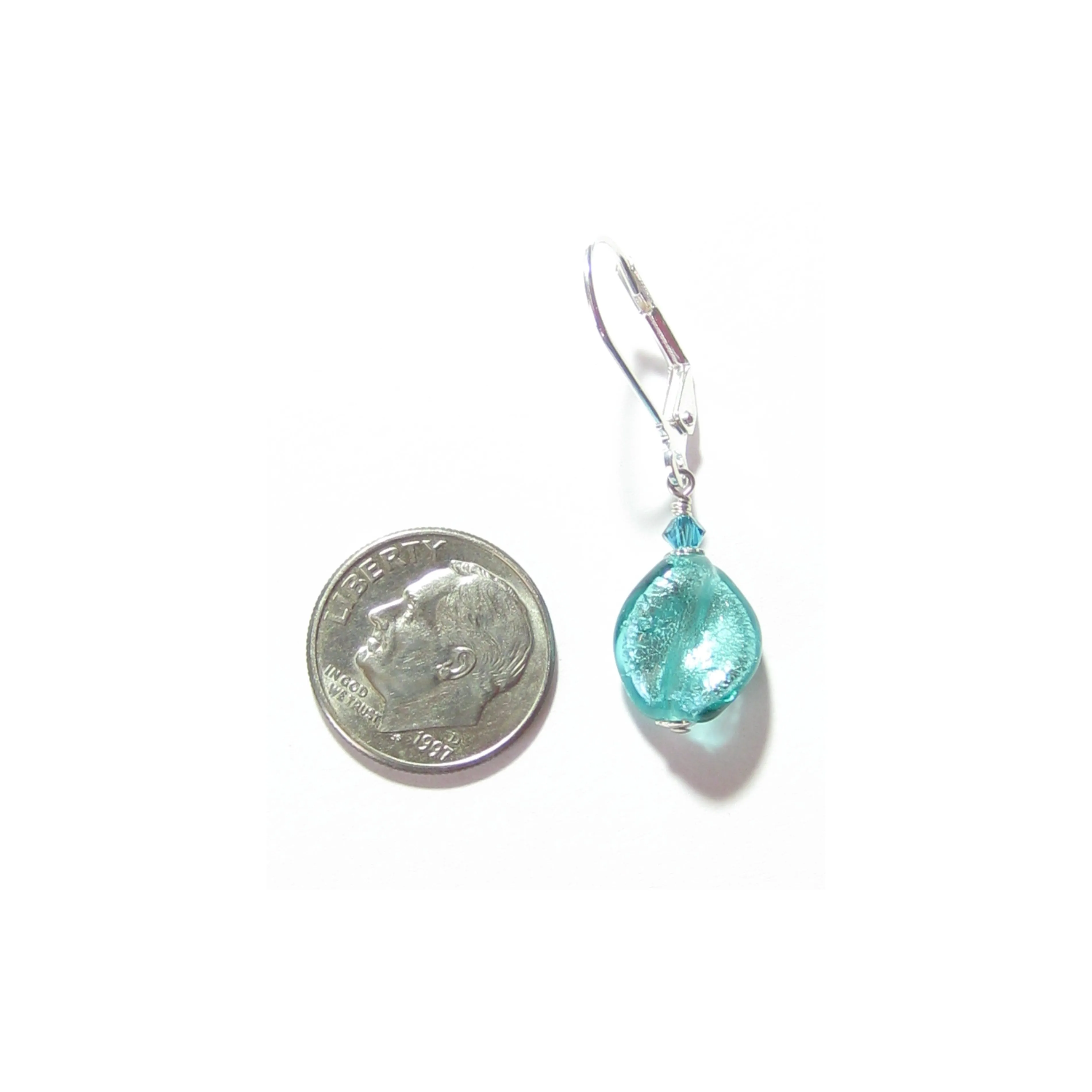 Murano Glass Sea Green Twist Silver Earrings, Leverback Earrings