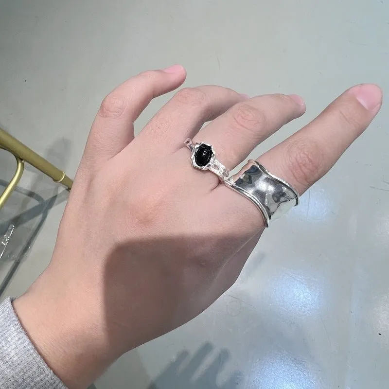 Niche Design 925 Sterling Silver Black Agate Open Ring