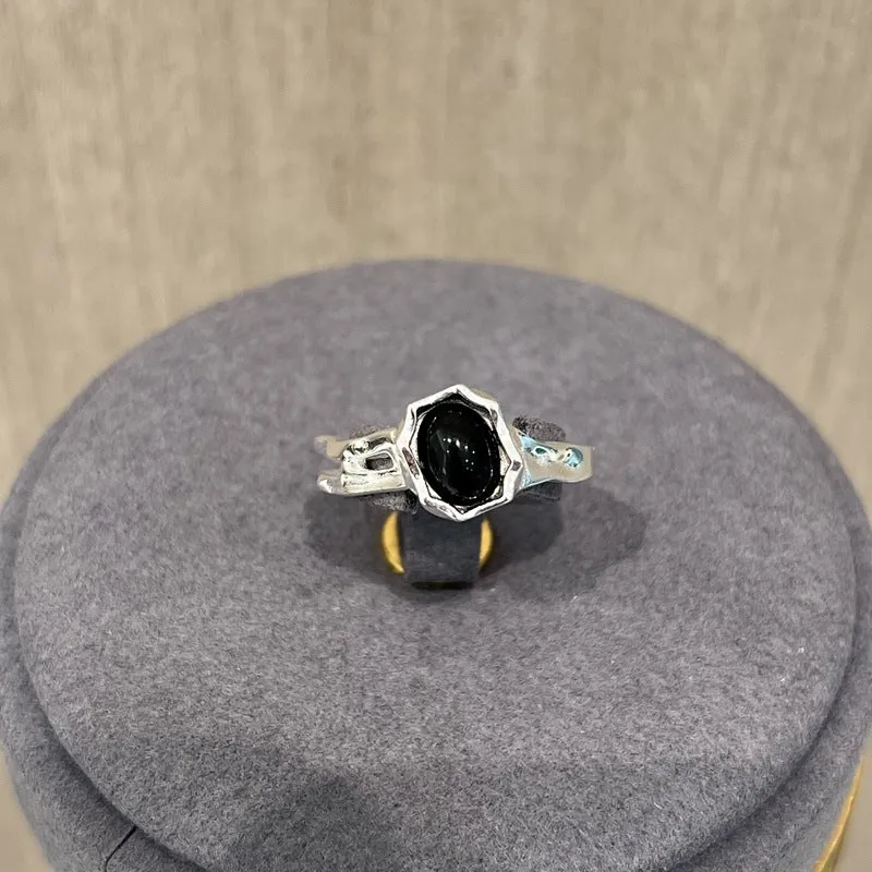 Niche Design 925 Sterling Silver Black Agate Open Ring