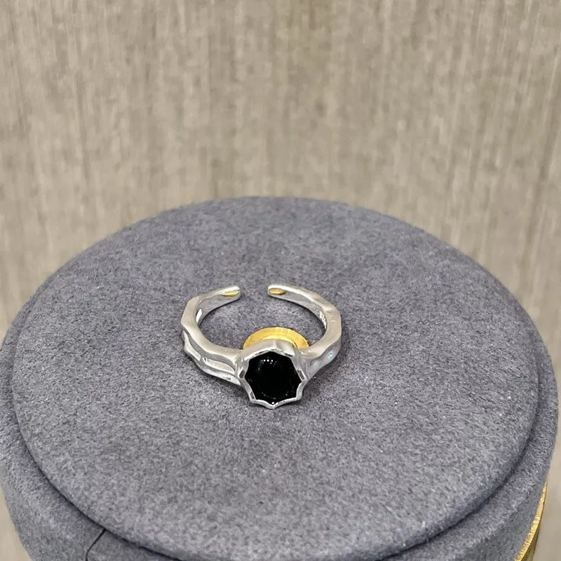 Niche Design 925 Sterling Silver Black Agate Open Ring