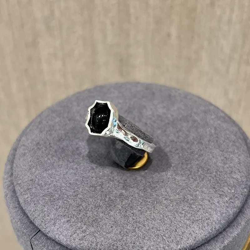 Niche Design 925 Sterling Silver Black Agate Open Ring