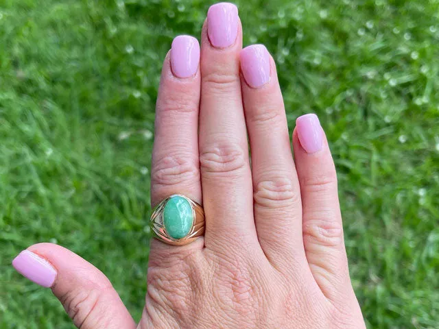 Oval Cabochon Green Jade Mens Pinky Ring -14k Yellow Gold