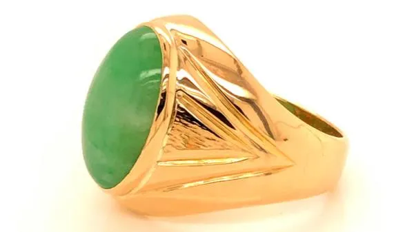 Oval Cabochon Green Jade Mens Pinky Ring -14k Yellow Gold