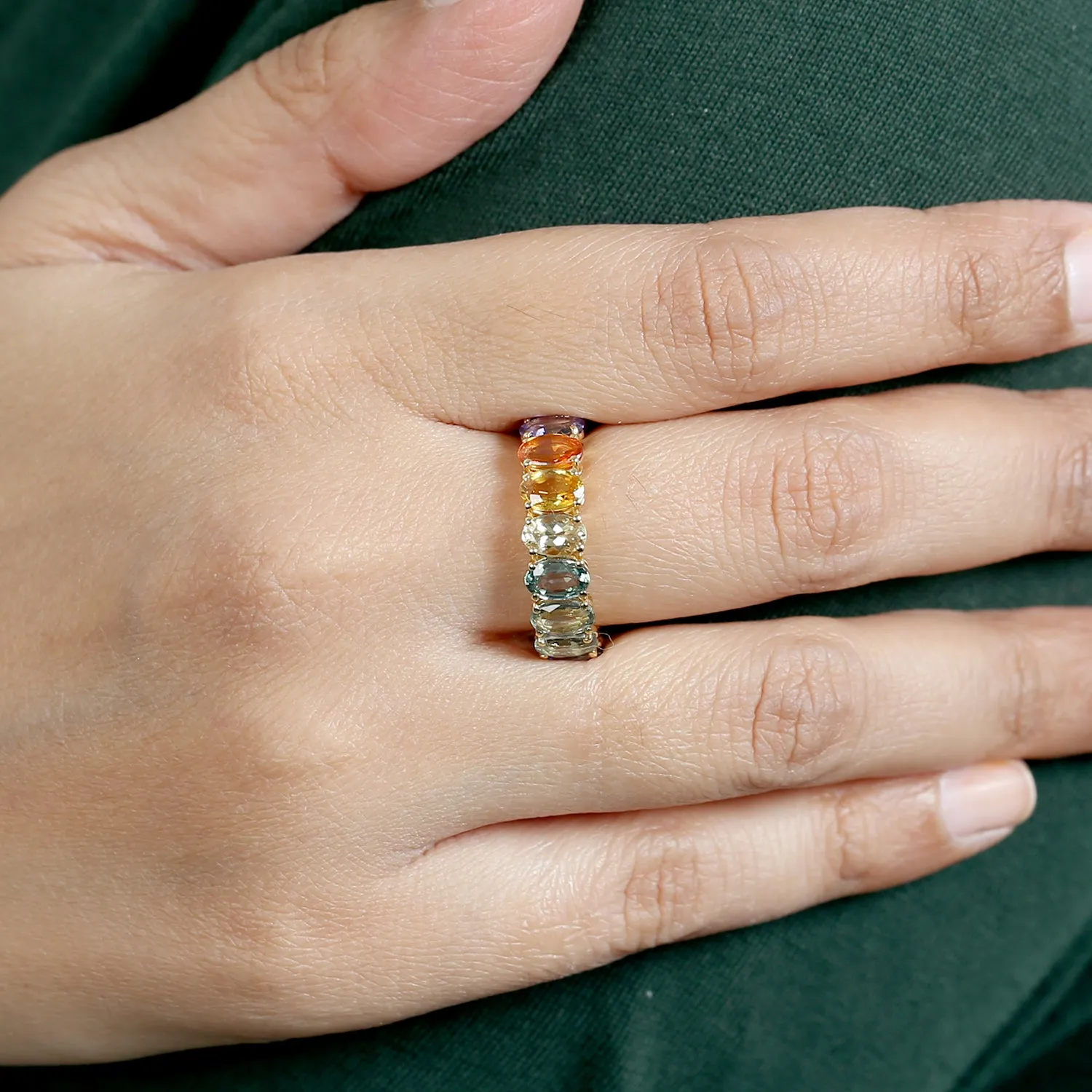 Oval Cut Multicolor Sapphire Band Ring 18k Yellow Gold Handmade Jewelry