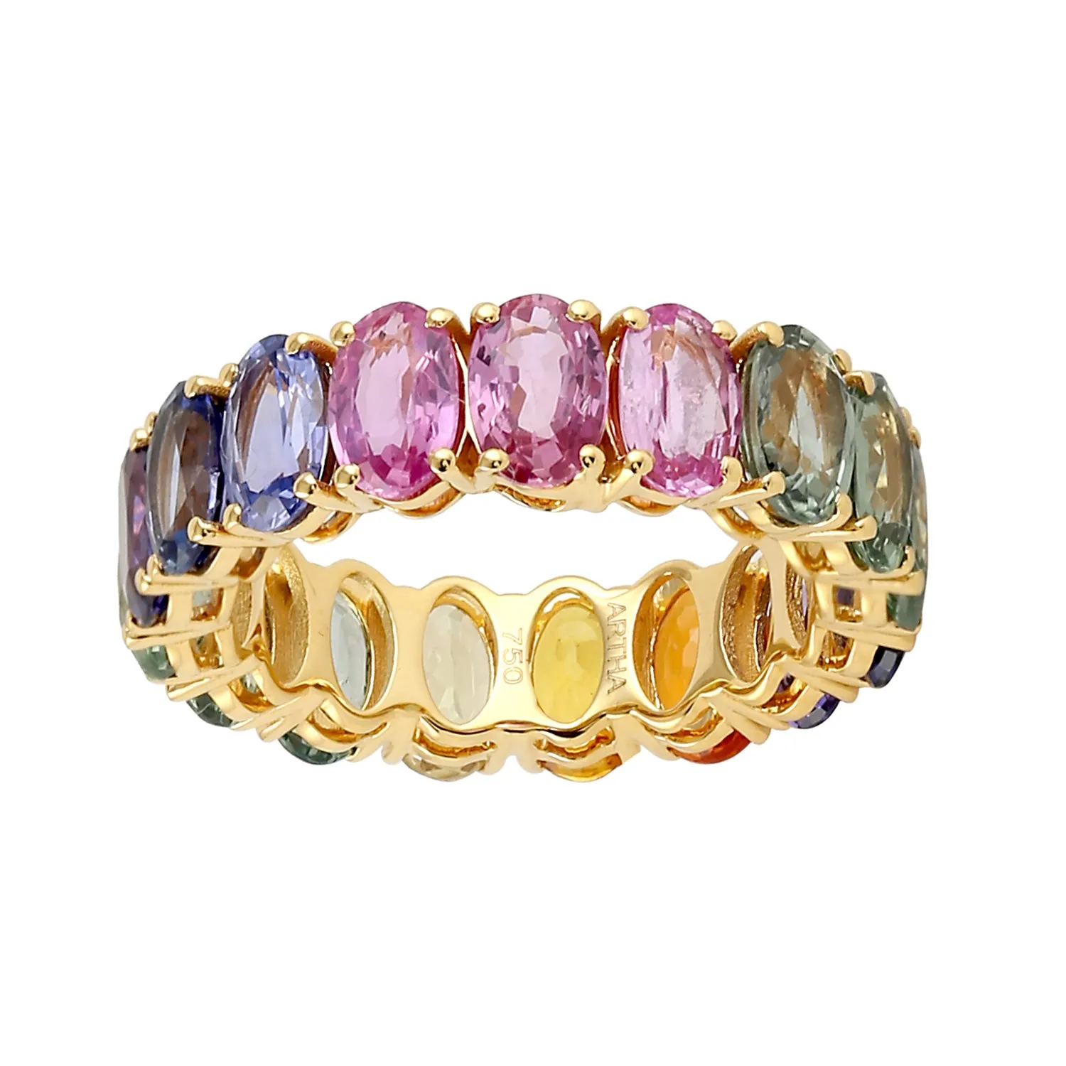 Oval Cut Multicolor Sapphire Band Ring 18k Yellow Gold Handmade Jewelry