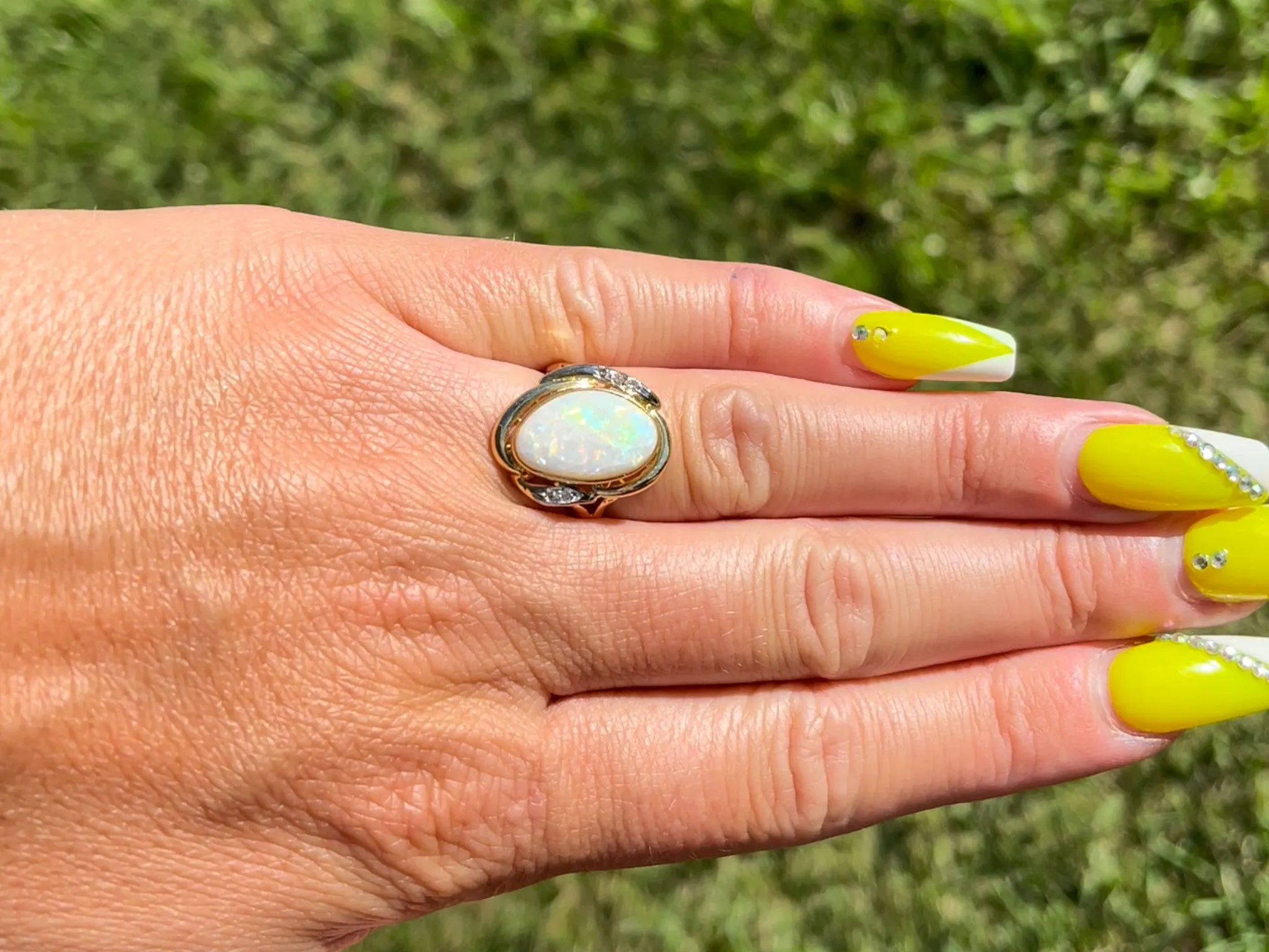 Oval White Opal & Diamond Split Shank Ring - 14k Yellow Gold