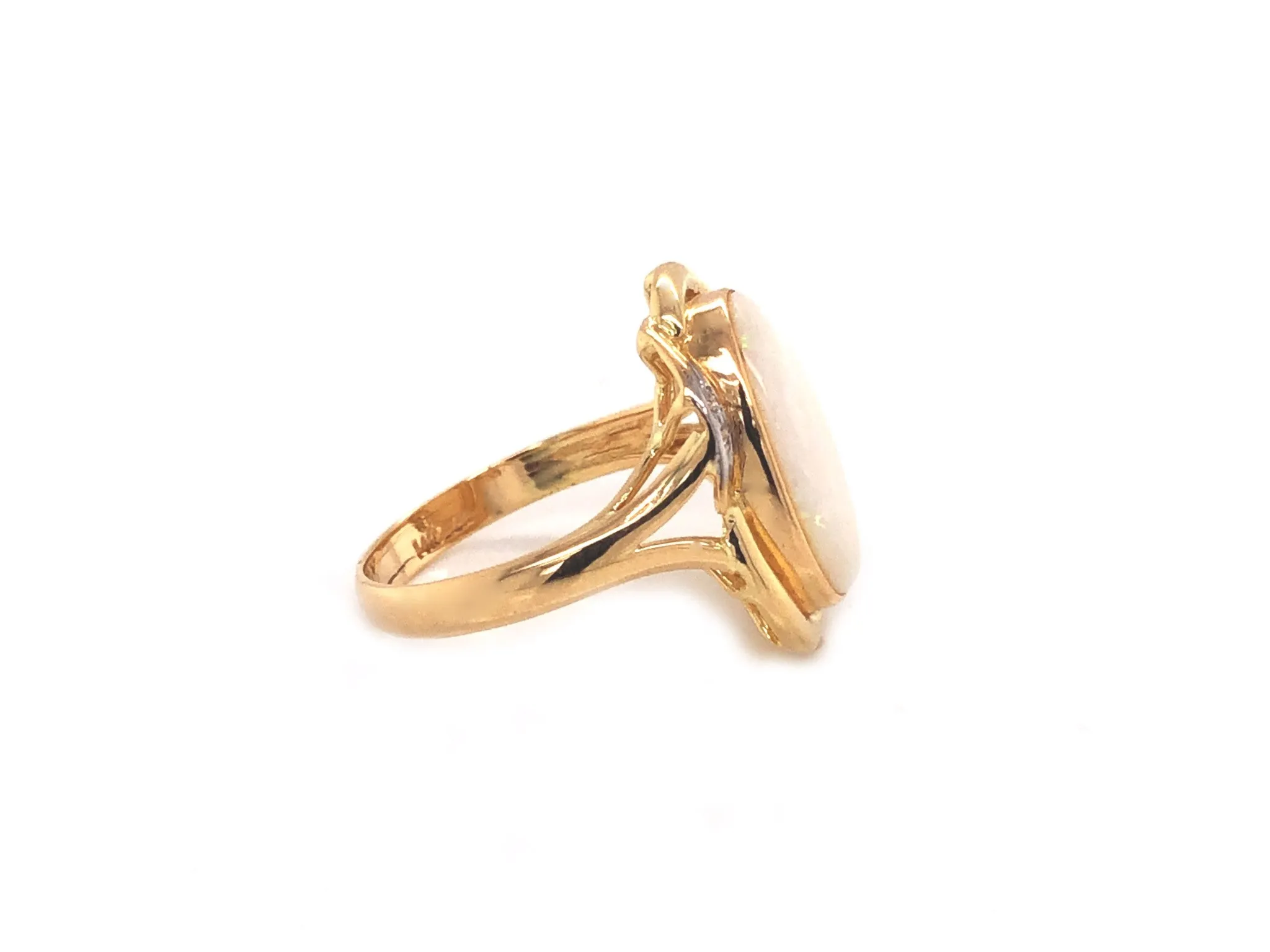 Oval White Opal & Diamond Split Shank Ring - 14k Yellow Gold