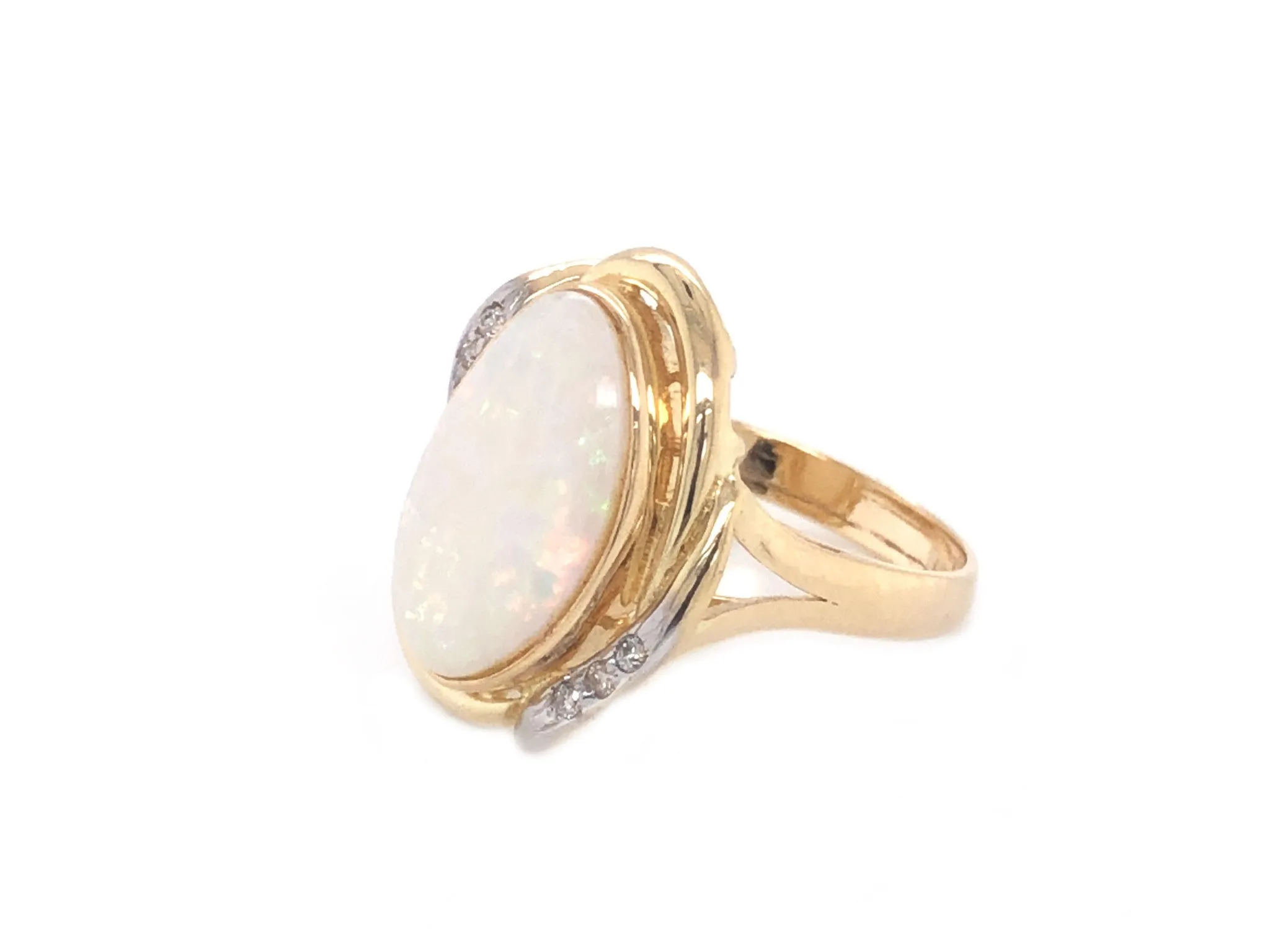 Oval White Opal & Diamond Split Shank Ring - 14k Yellow Gold