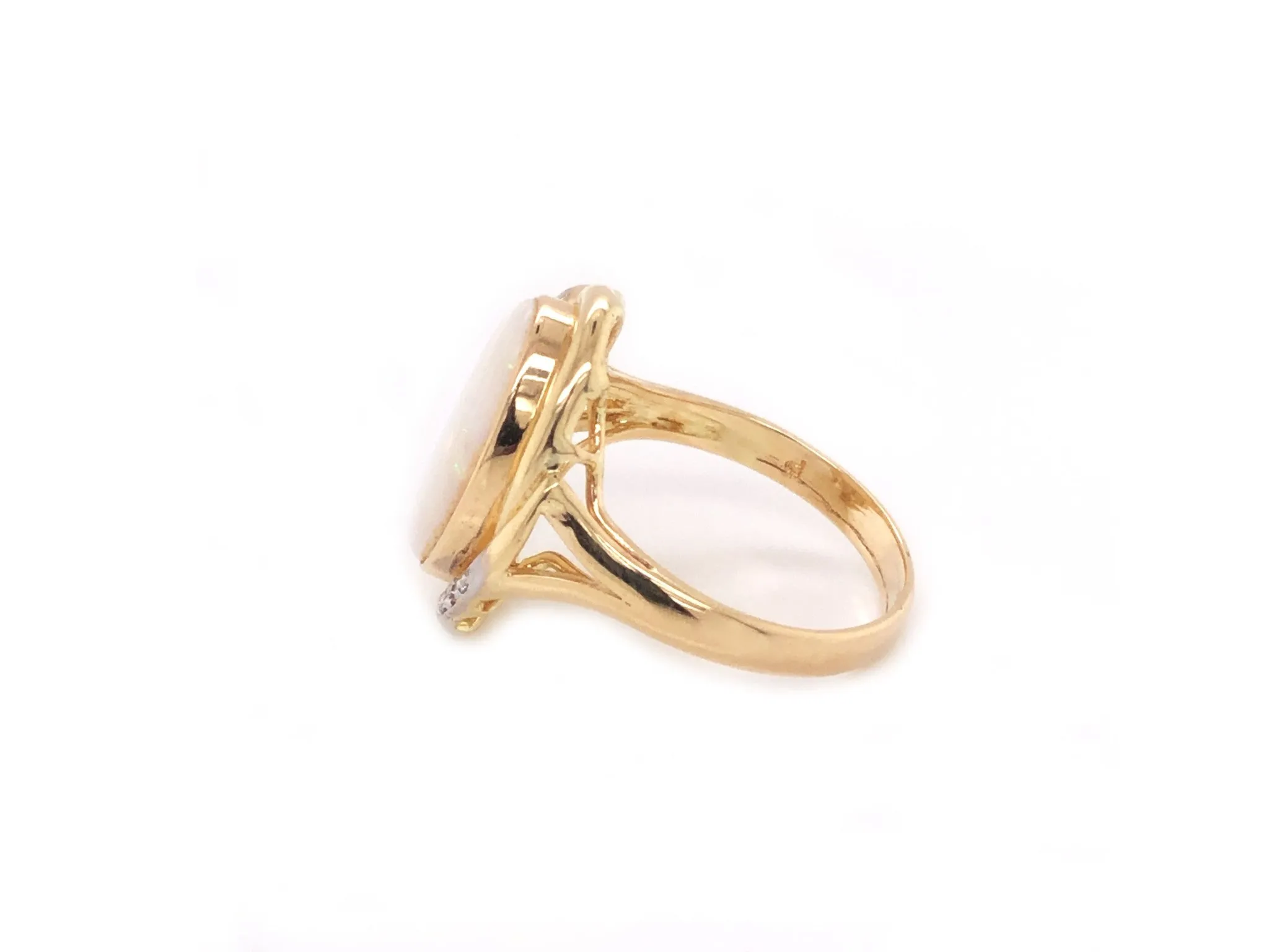 Oval White Opal & Diamond Split Shank Ring - 14k Yellow Gold