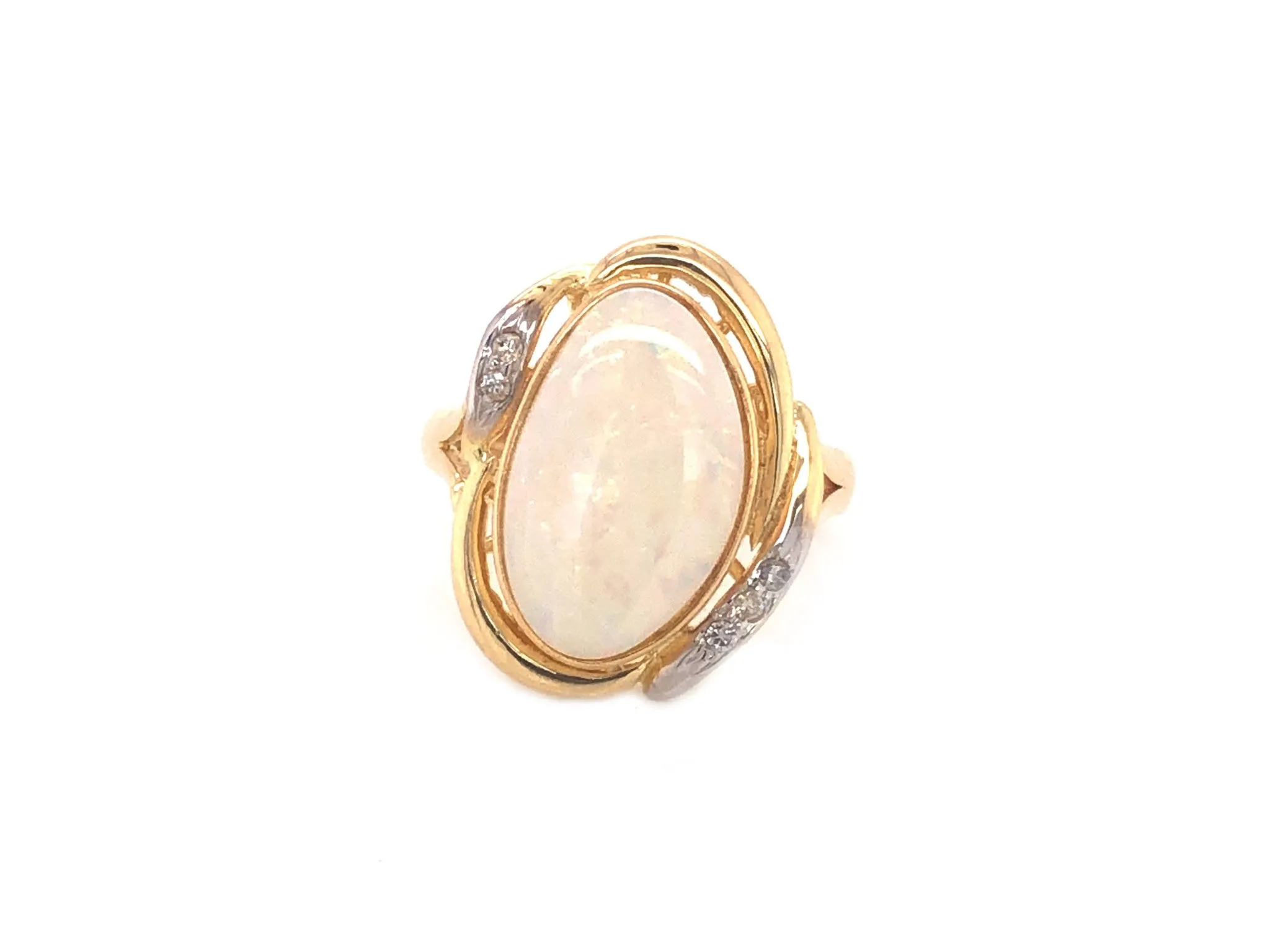 Oval White Opal & Diamond Split Shank Ring - 14k Yellow Gold