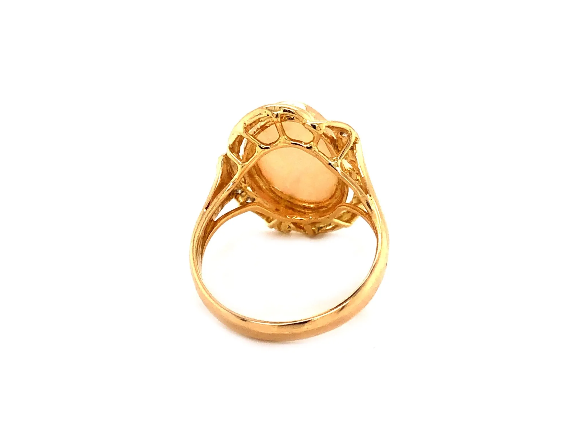 Oval White Opal & Diamond Split Shank Ring - 14k Yellow Gold