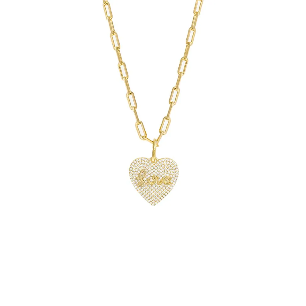 Pave Love Heart Paperclip Necklace