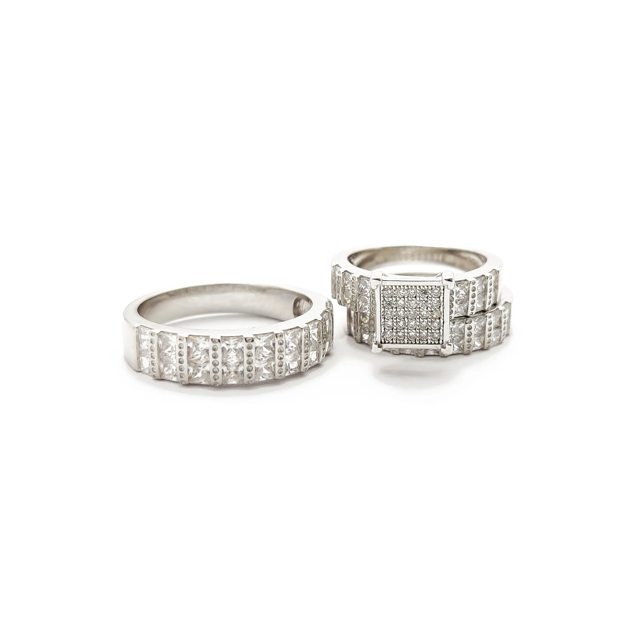 Pave Square Three Piece Set Engagement Rings (Silver)