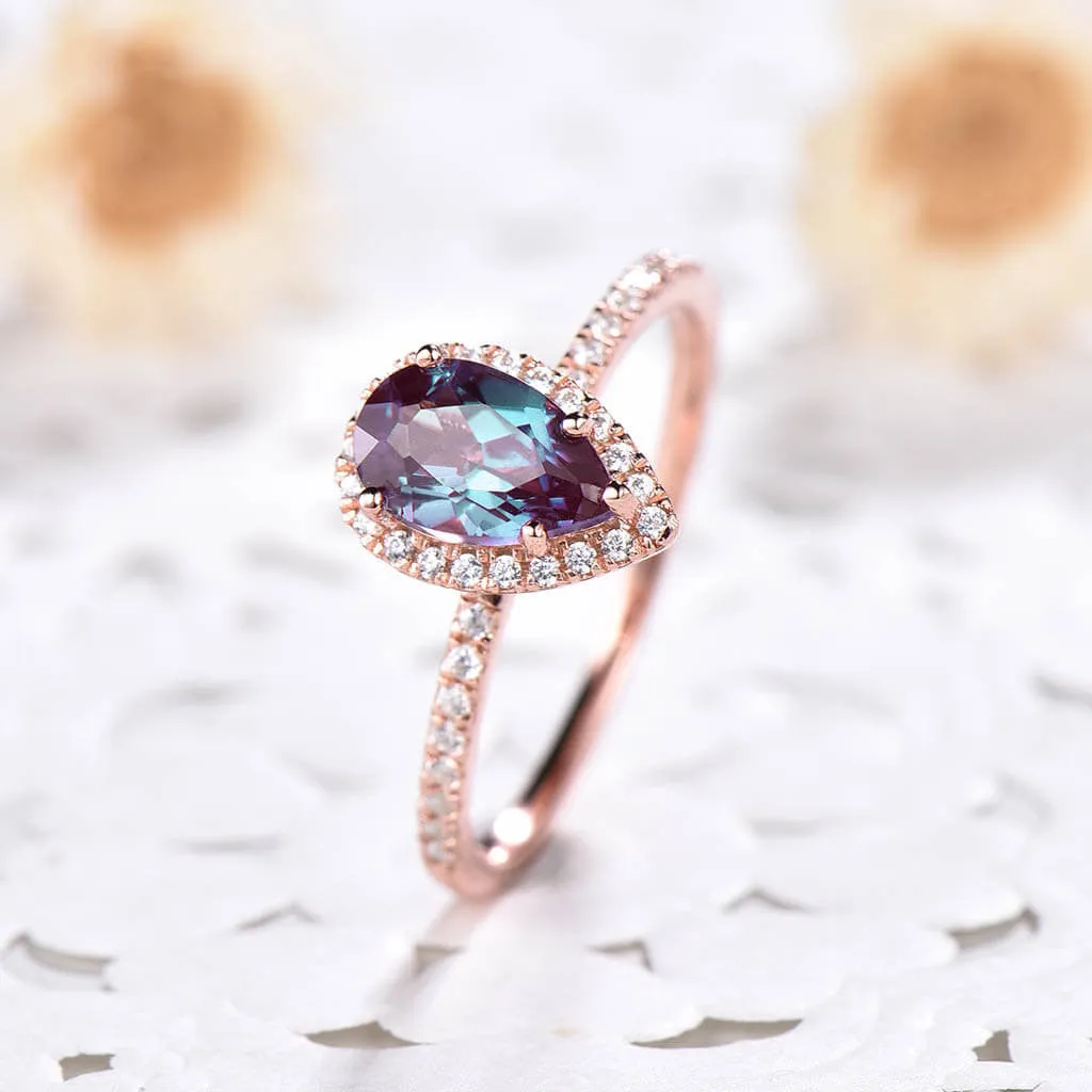 Pear Shaped Alexandrite Halo Diamond Engagement Ring 5x8mm