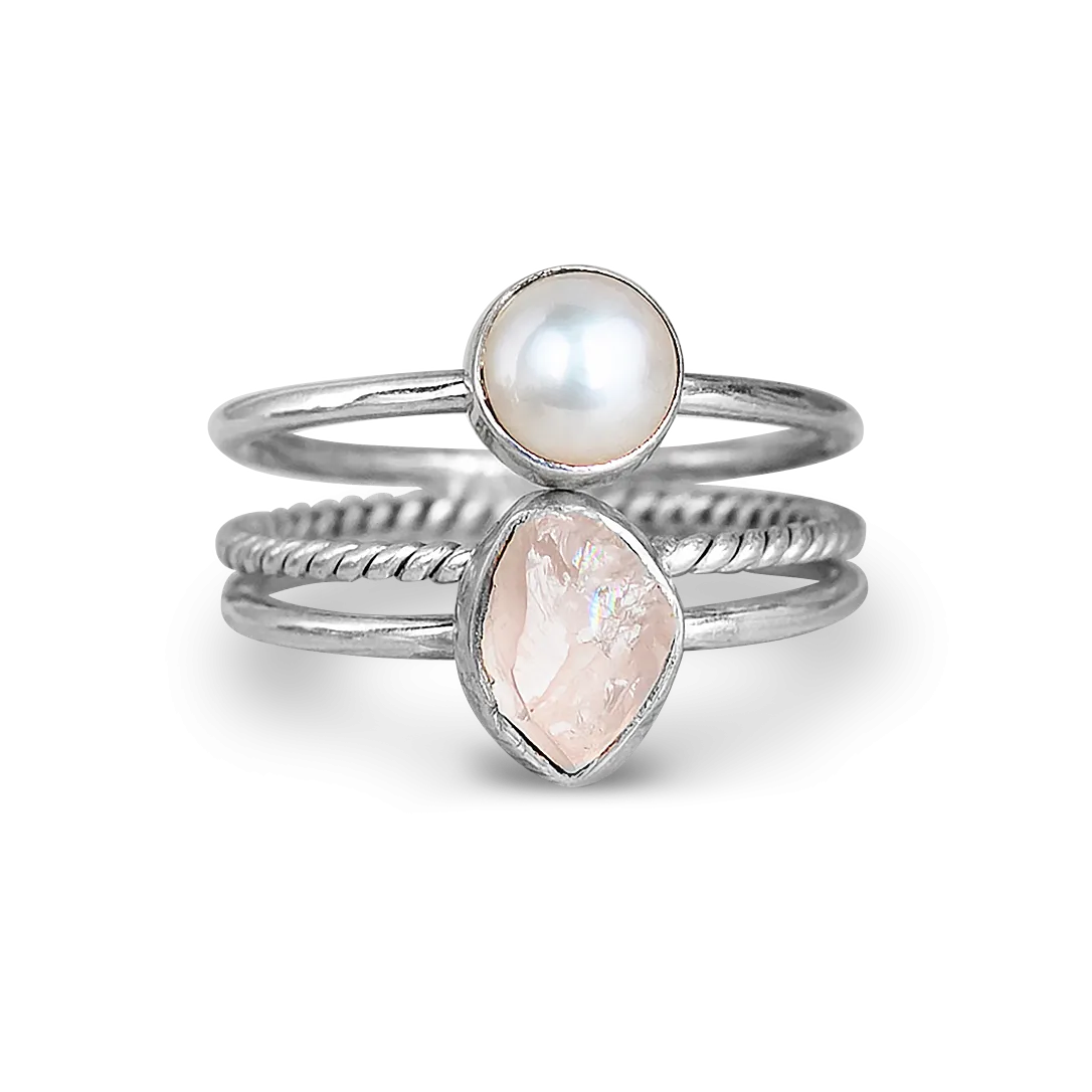 Pearl and Rose Quartz Stacking Ring Set Sterling Silver