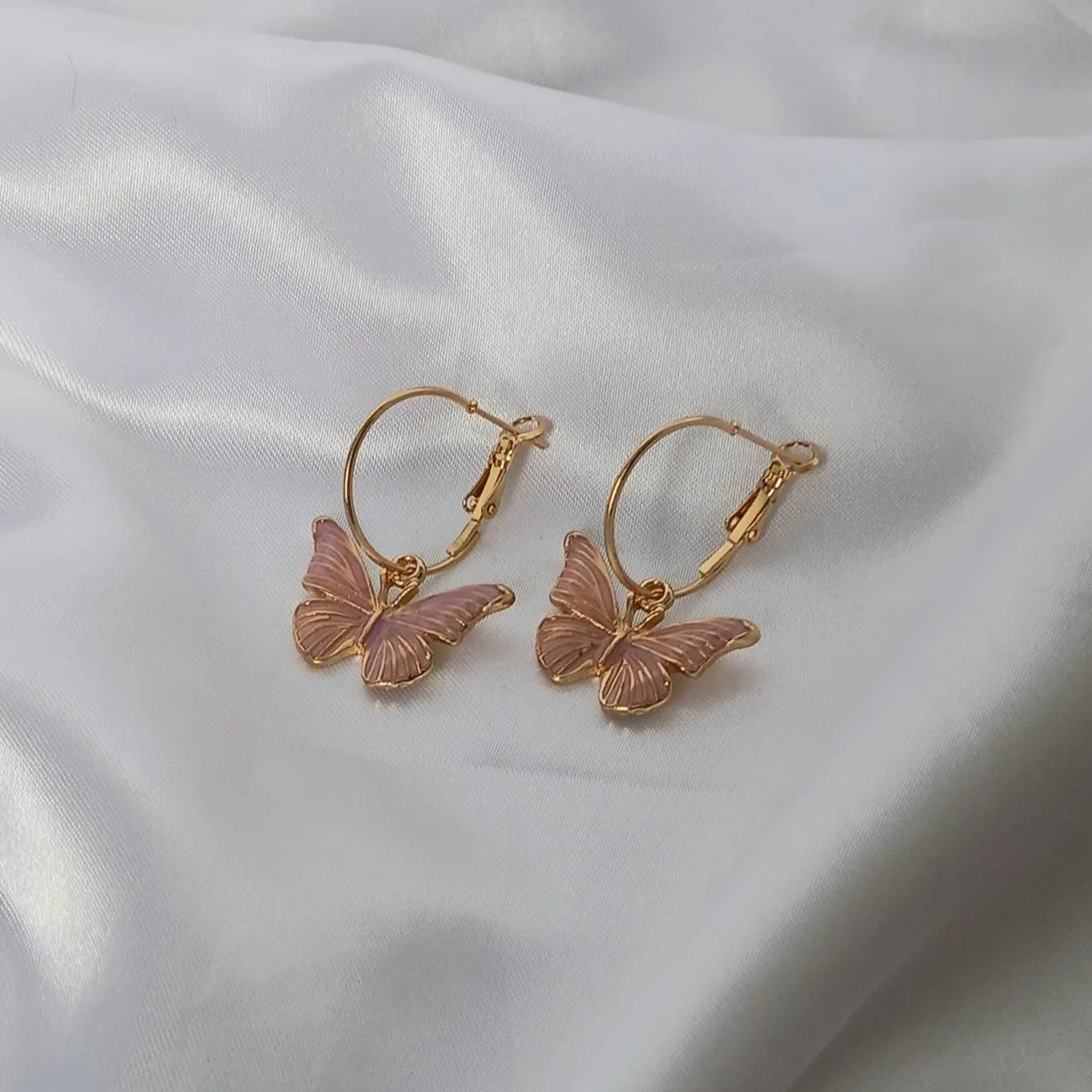 Pink Butterfly Hoop Earrings - Lightweight Hoop Earrings In The UK,Pink Butterfly Earrings,Pink Hoop Earrings,Gold Earrings,Gold Jewellery