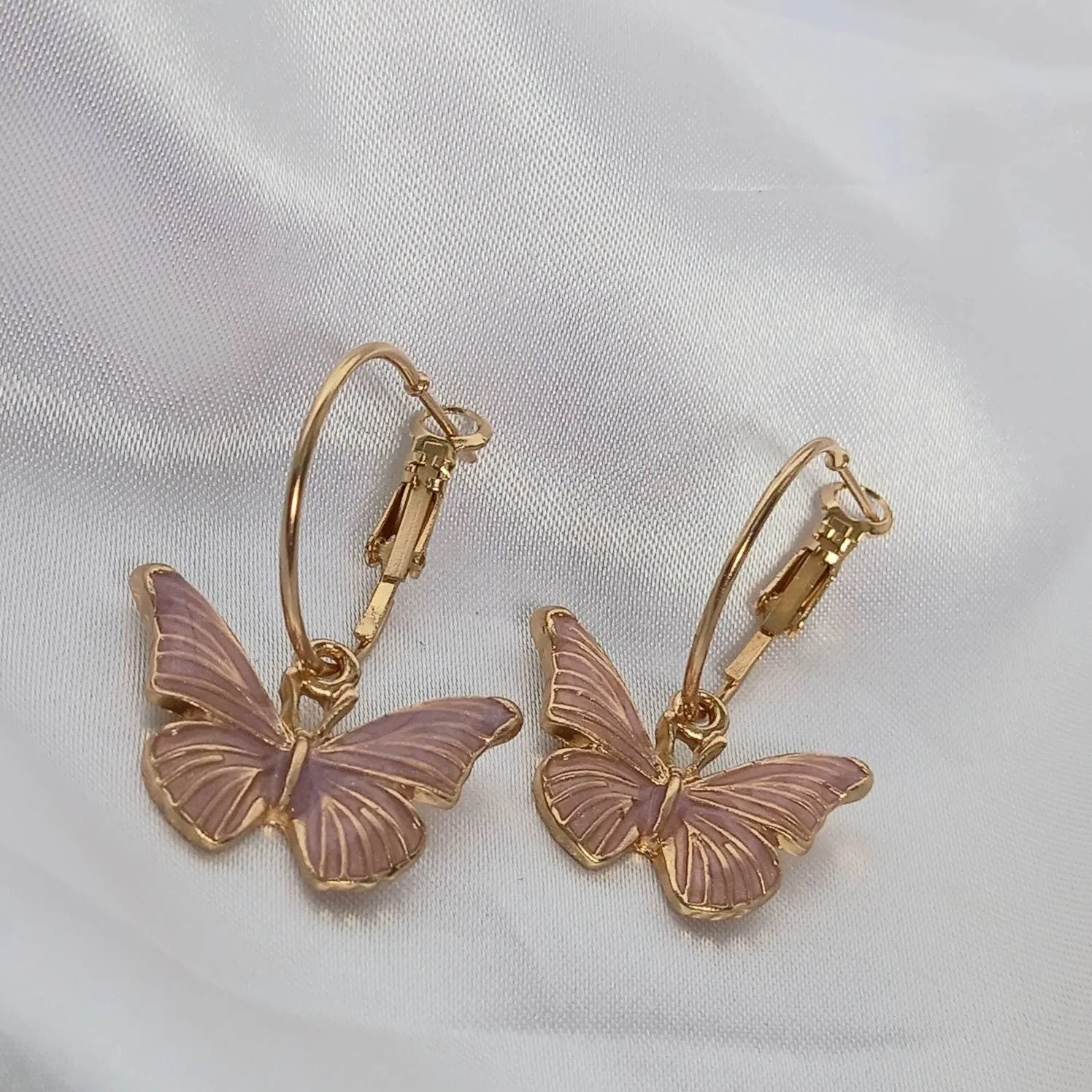 Pink Butterfly Hoop Earrings - Lightweight Hoop Earrings In The UK,Pink Butterfly Earrings,Pink Hoop Earrings,Gold Earrings,Gold Jewellery