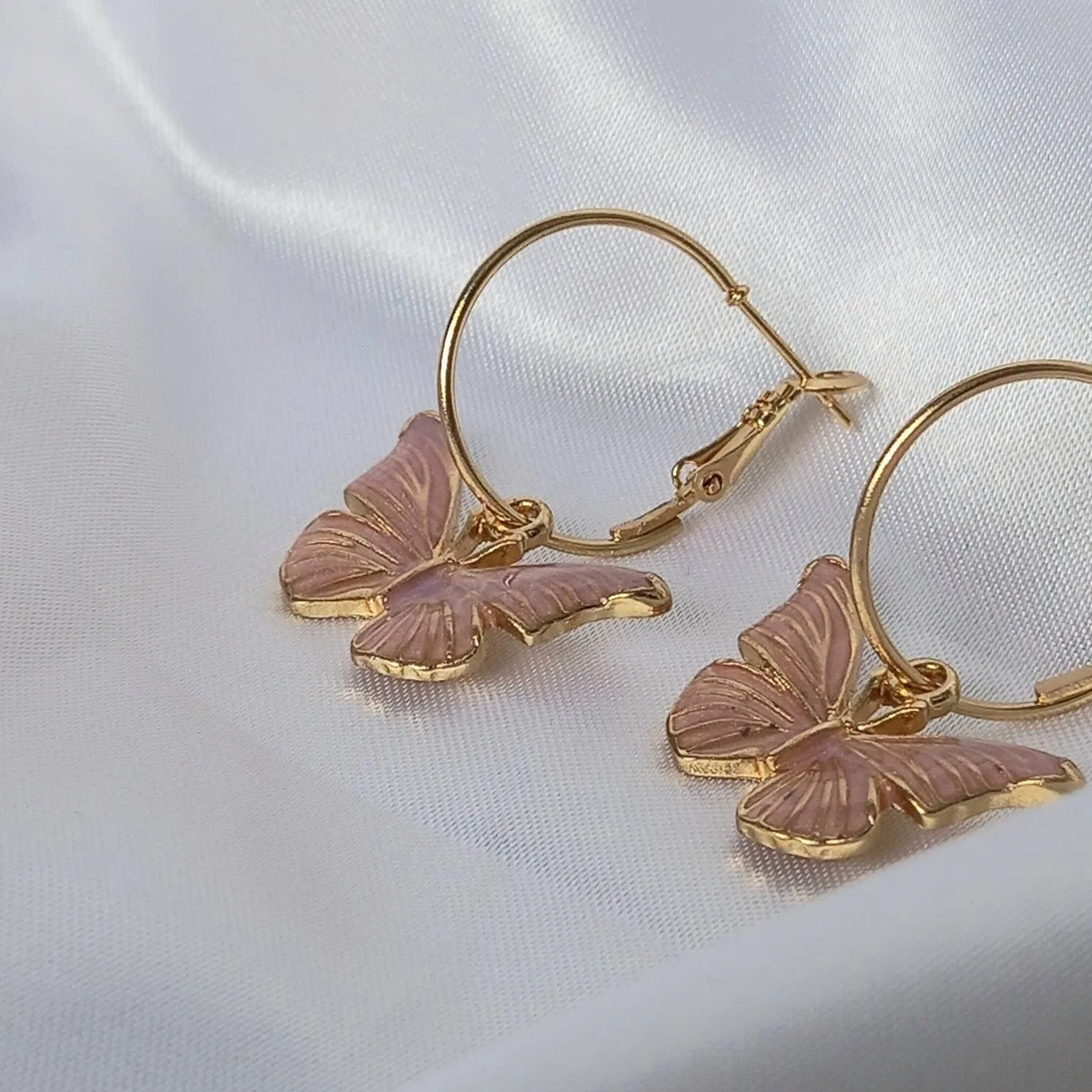 Pink Butterfly Hoop Earrings - Lightweight Hoop Earrings In The UK,Pink Butterfly Earrings,Pink Hoop Earrings,Gold Earrings,Gold Jewellery