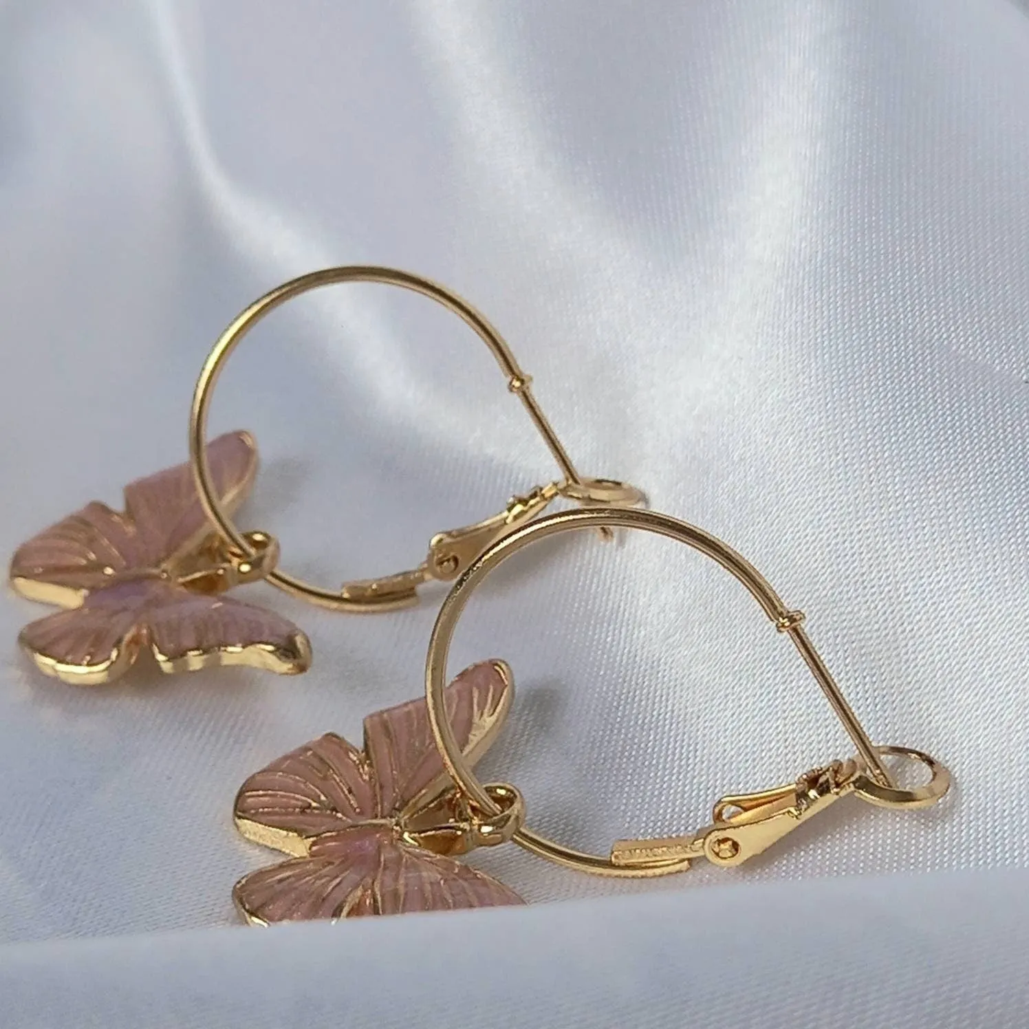 Pink Butterfly Hoop Earrings - Lightweight Hoop Earrings In The UK,Pink Butterfly Earrings,Pink Hoop Earrings,Gold Earrings,Gold Jewellery