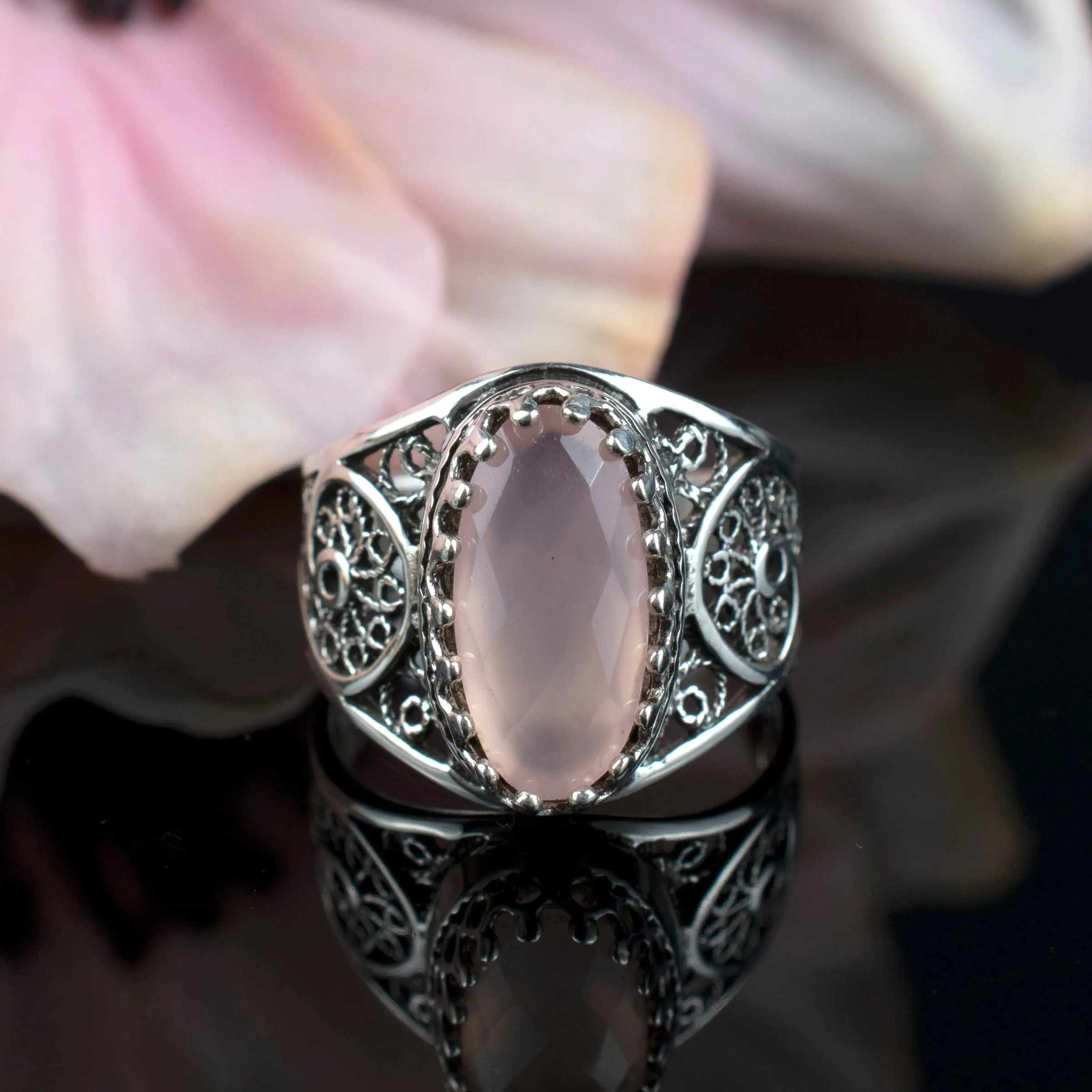 Pink Chalcedony Filigree Cocktail Ring - Sterling Silver Oval Gemstone Jewelry